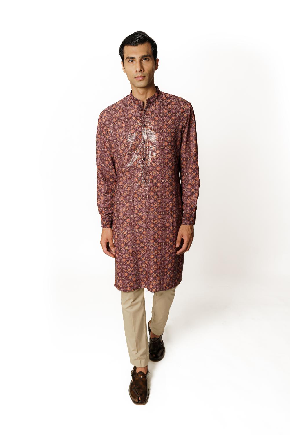 PURPLE PRINT 1/2 SHEETING 1/2 GORGETTE W CREPE LINING KURTA W COTTON SILK PANT
