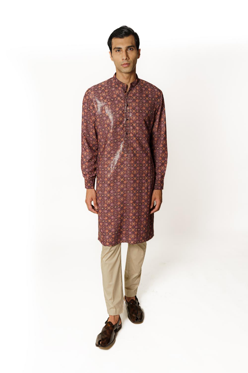 PURPLE PRINT 1/2 SHEETING 1/2 GORGETTE W CREPE LINING KURTA W COTTON SILK PANT