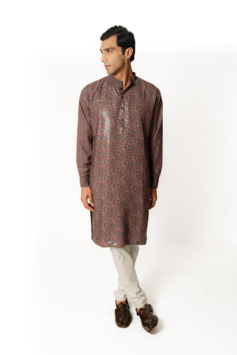 TEAL PRINT 1/2 SHEETING 1/2 GORGETTE W CREPE LINING KURTA W COTTON SILK PANT