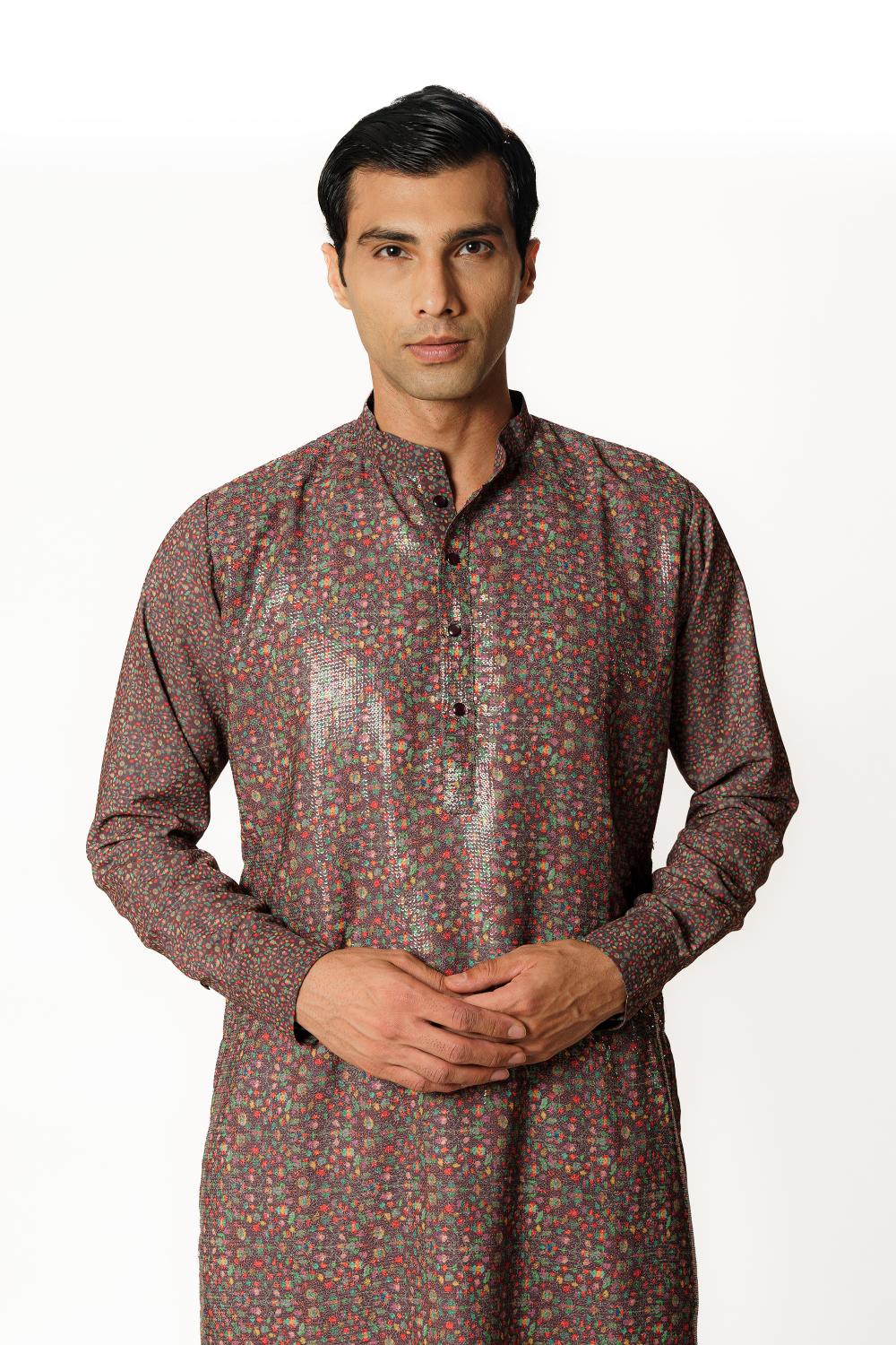 TEAL PRINT 1/2 SHEETING 1/2 GORGETTE W CREPE LINING KURTA W COTTON SILK PANT