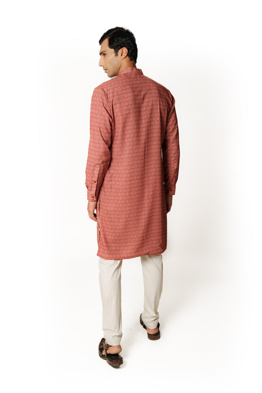 RED PRINT 1/2 SHEETING 1/2 GORGETTE W CREPE LINING KURTA W COTTON SILK PANT
