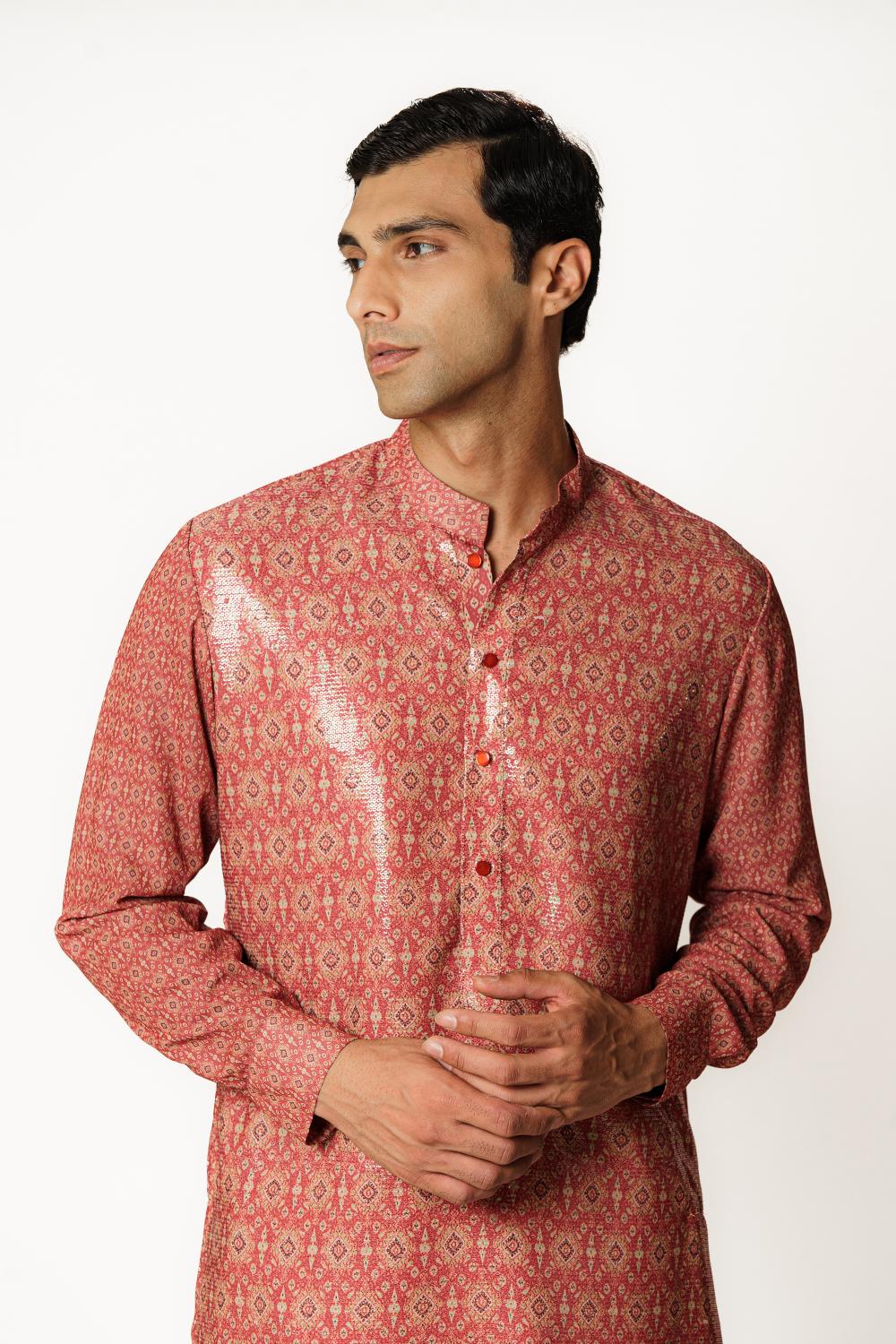RED PRINT 1/2 SHEETING 1/2 GORGETTE W CREPE LINING KURTA W COTTON SILK PANT