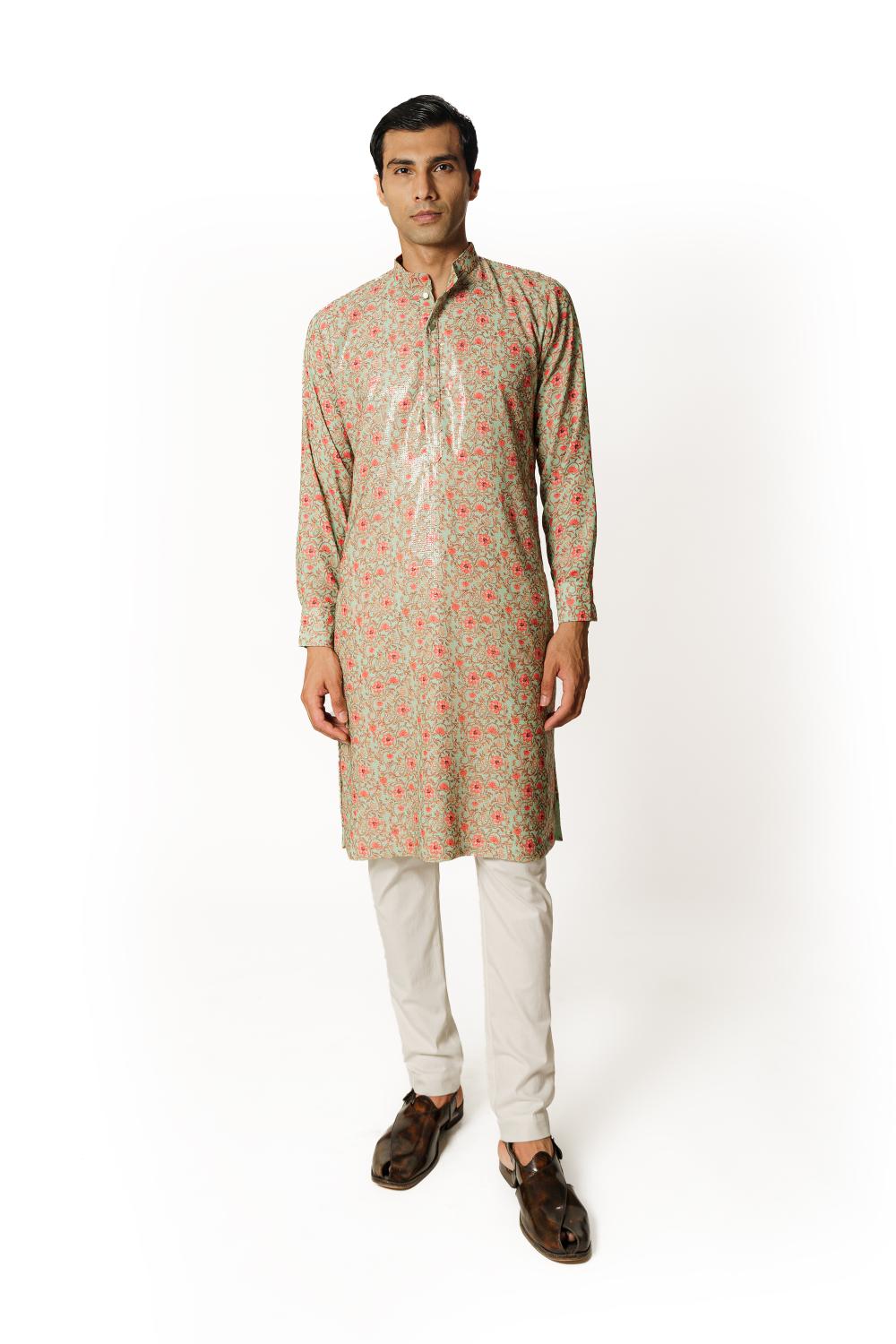 SEA GREEN PRINT 1/2 SHEETING 1/2 GORGETTE W CREPE LINING KURTA W COTTON SILK PANT