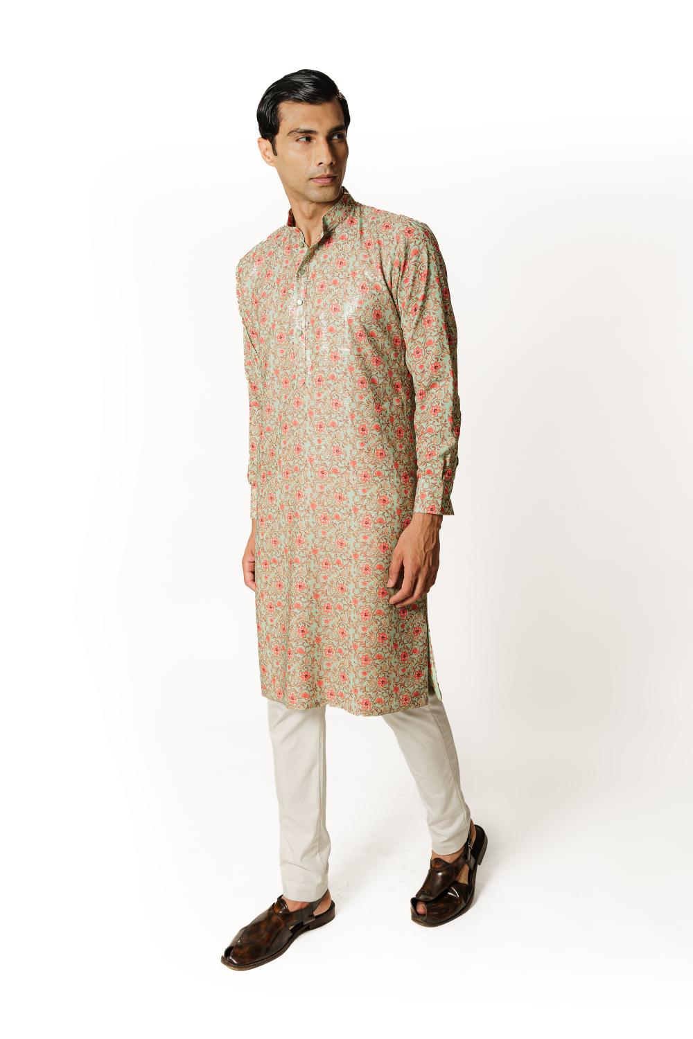 SEA GREEN PRINT 1/2 SHEETING 1/2 GORGETTE W CREPE LINING KURTA W COTTON SILK PANT