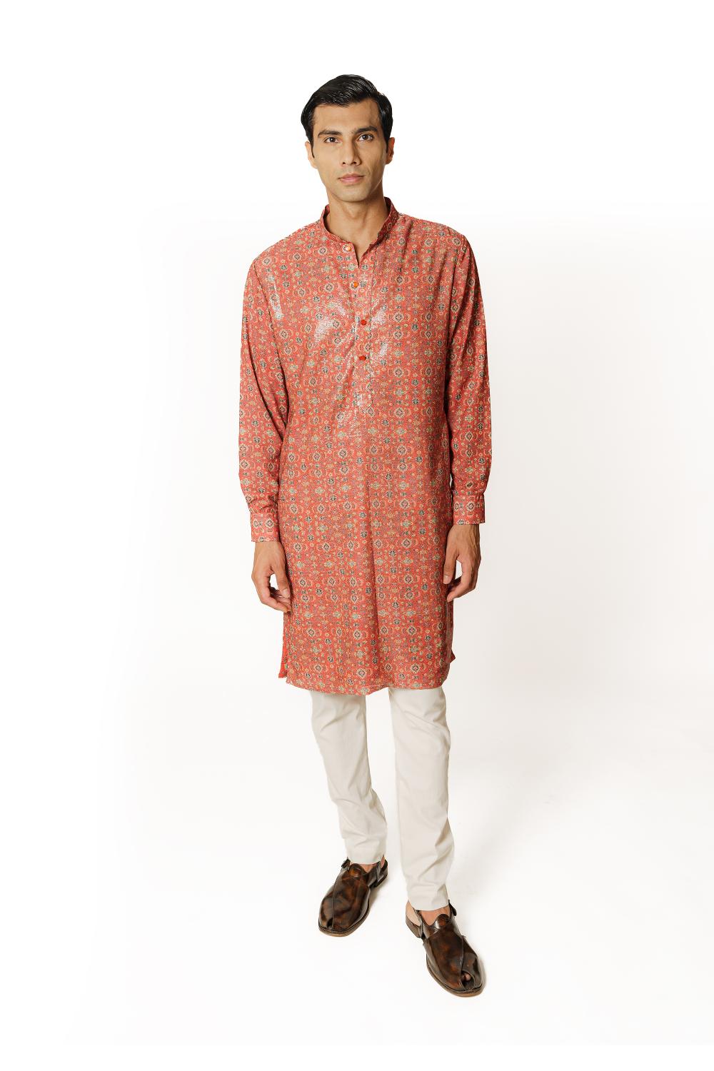 RED PRINT 1/2 SHEETING 1/2 GORGETTE W CREPE LINING KURTA W COTTON SILK PANT
