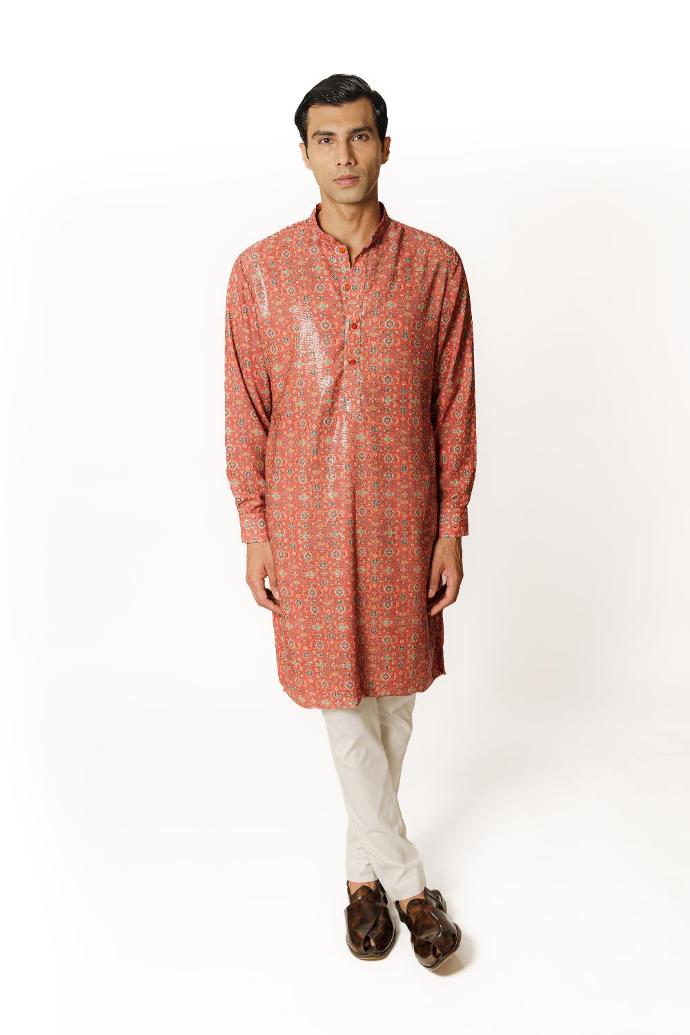 RED PRINT 1/2 SHEETING 1/2 GORGETTE W CREPE LINING KURTA W COTTON SILK PANT