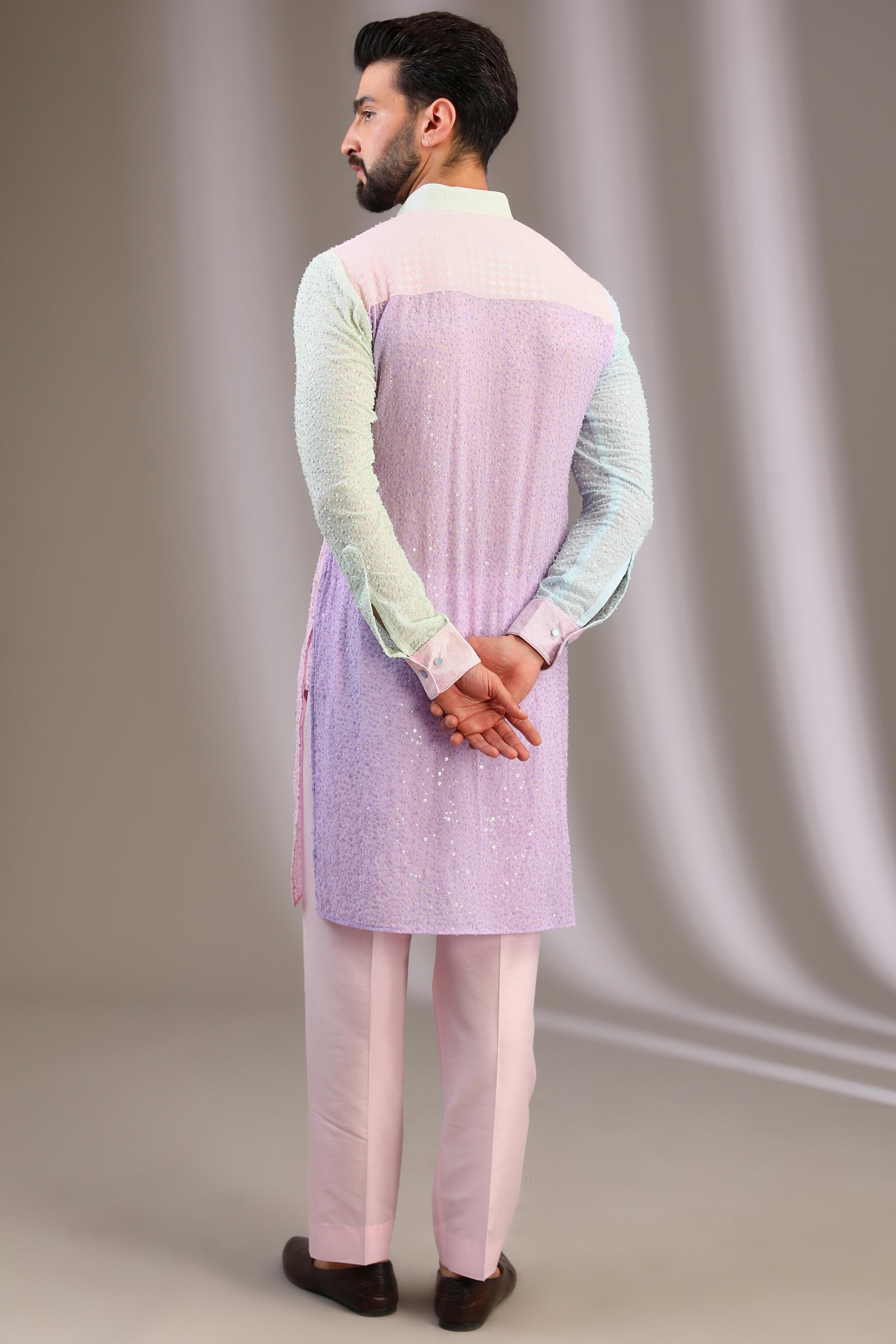 AQUA/GREEN/PINK 3 COLOR GORGETTE FULLY EMBO. UNLINED KURTA W SEQUIN COLLAR, CUFF, PLACKET W PINK COTTON SILK PANT