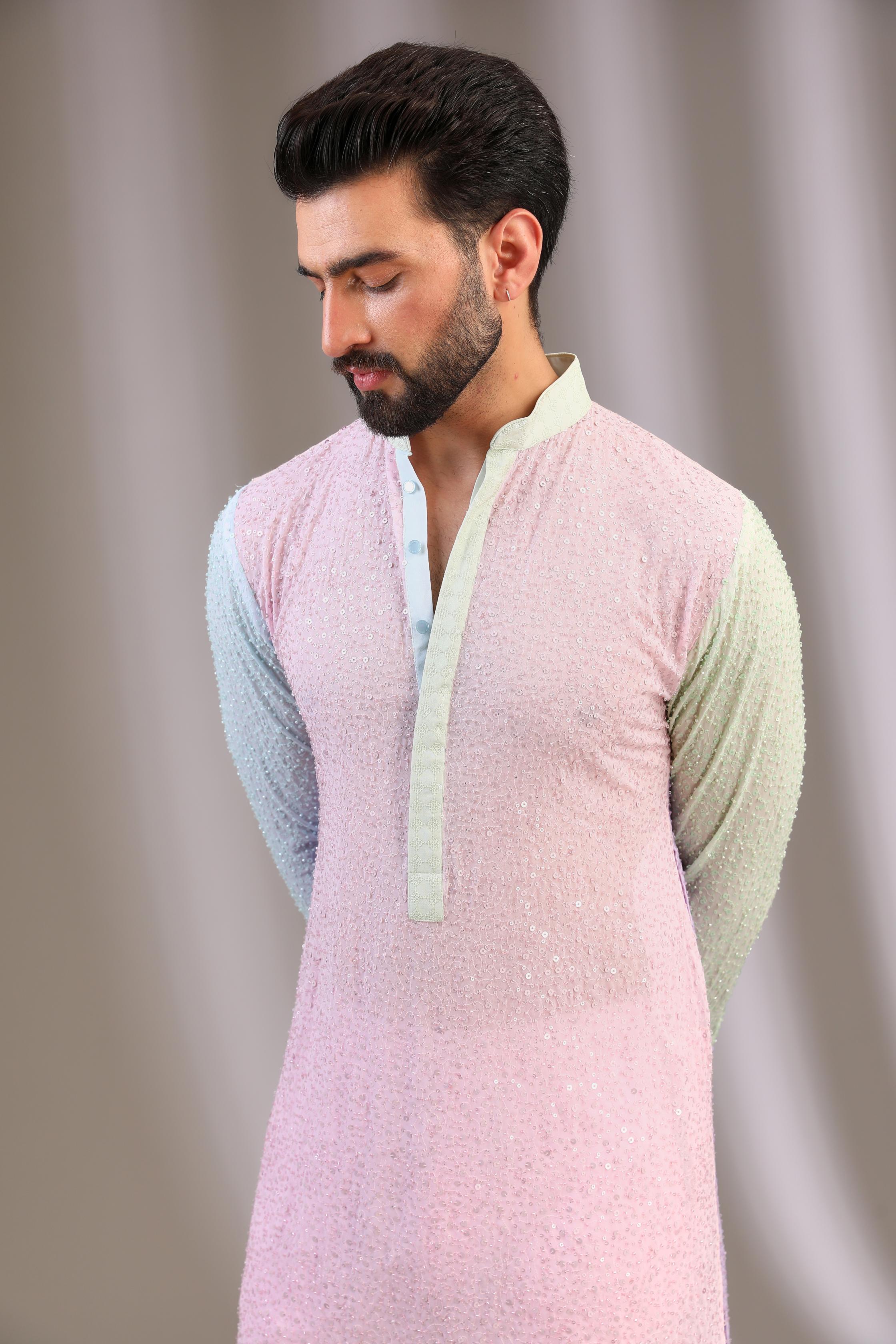 AQUA/GREEN/PINK 3 COLOR GORGETTE FULLY EMBO. UNLINED KURTA W SEQUIN COLLAR, CUFF, PLACKET W PINK COTTON SILK PANT