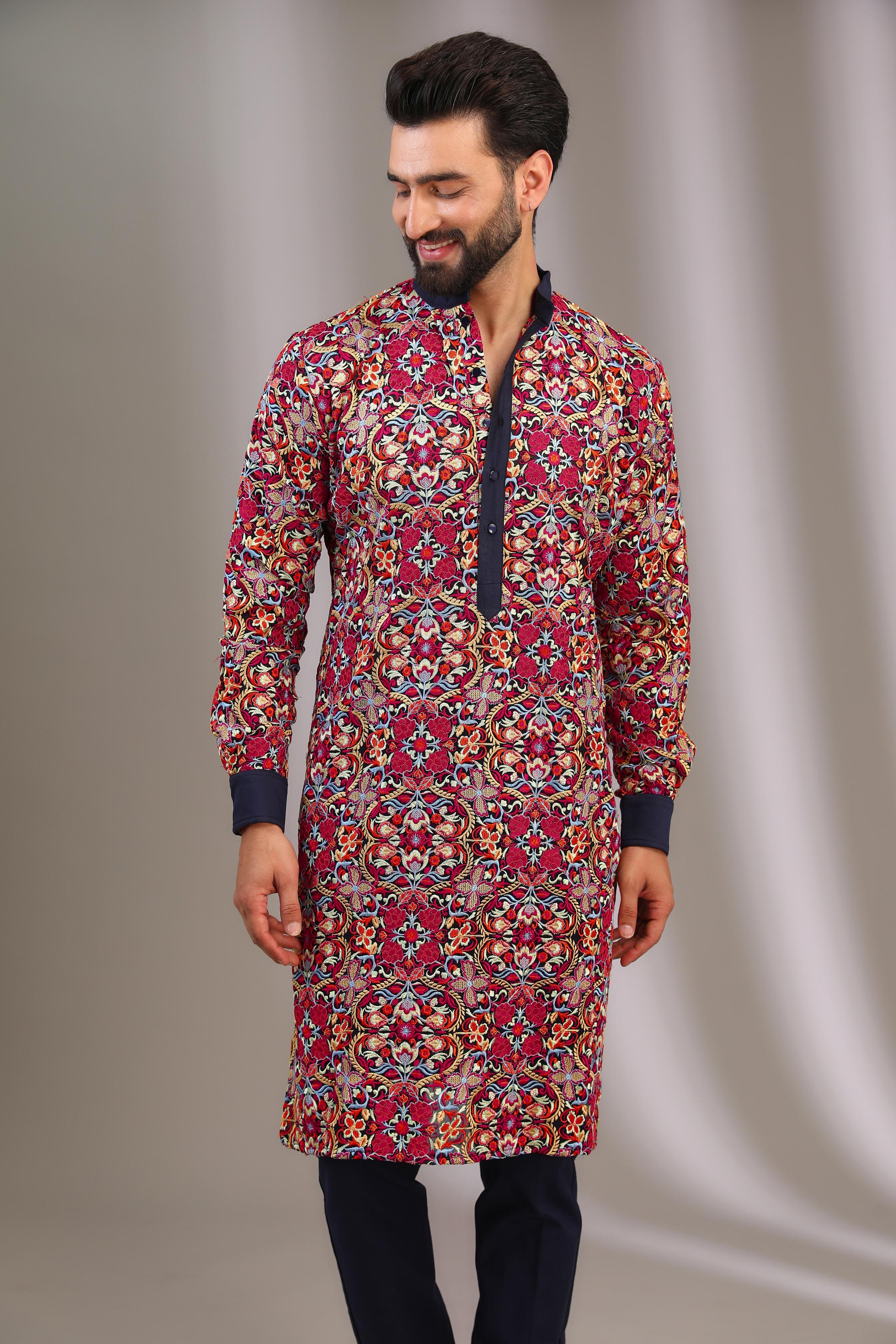 BLUE GORGETTE MULTI COLOR SILK THREAD JAAL UNLINED KURTA W COTTON SILK PANT