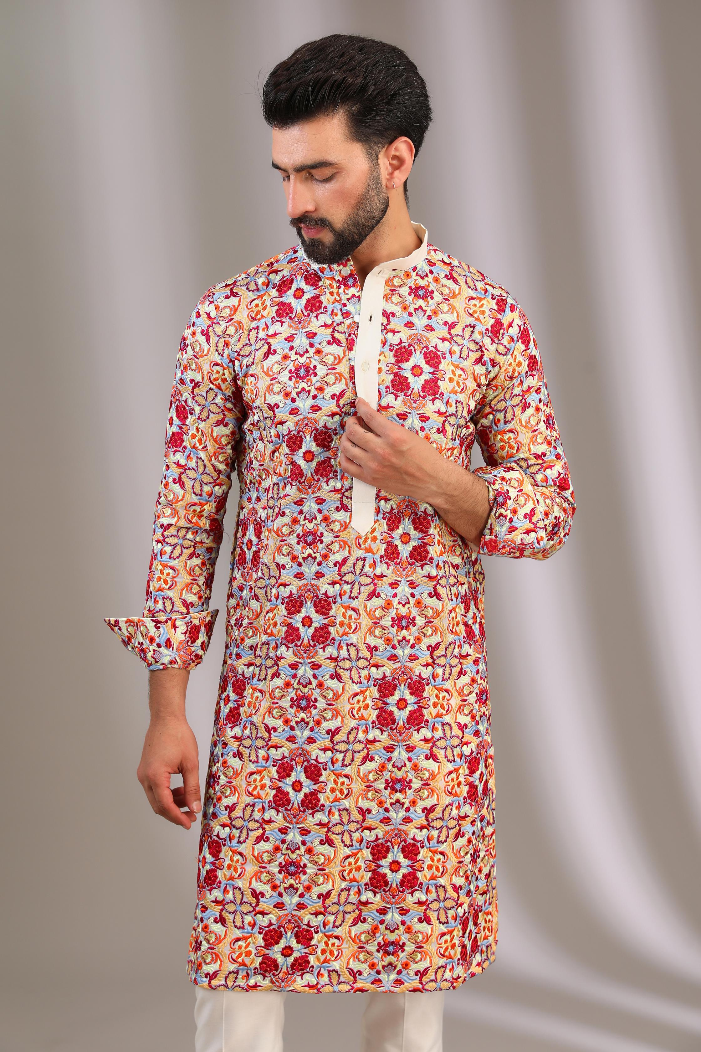 IVORY GORGETTE MULTI COLOR SILK THREAD JAAL UNLINED KURTA W COTTON SILK PANT