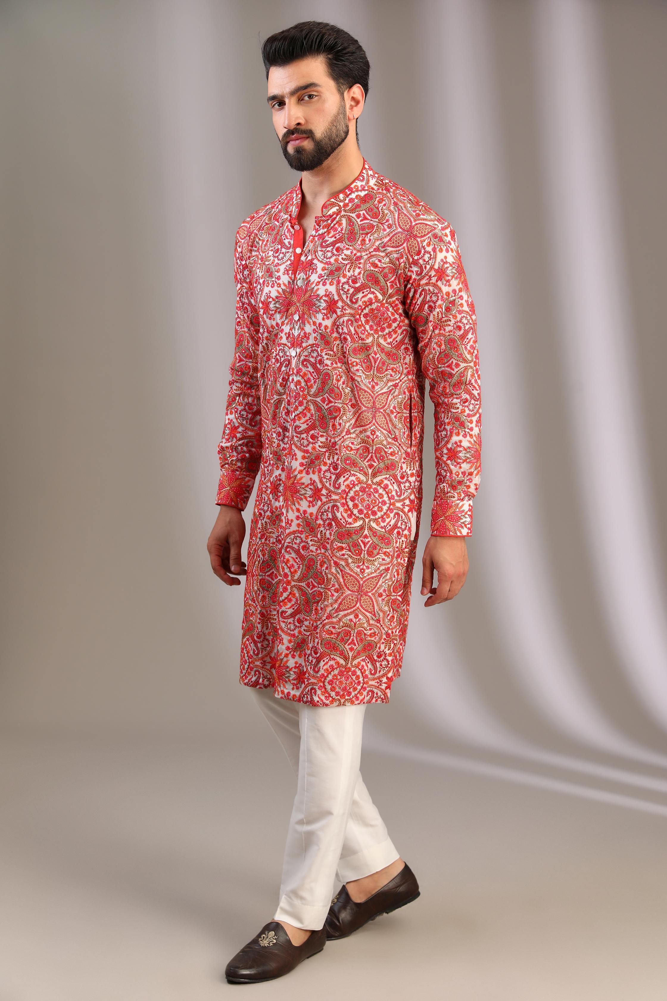 IVORY GORGETTE MULTI COLOR SILK THREAD JAAL UNLINED KURTA W COTTON SILK PANT