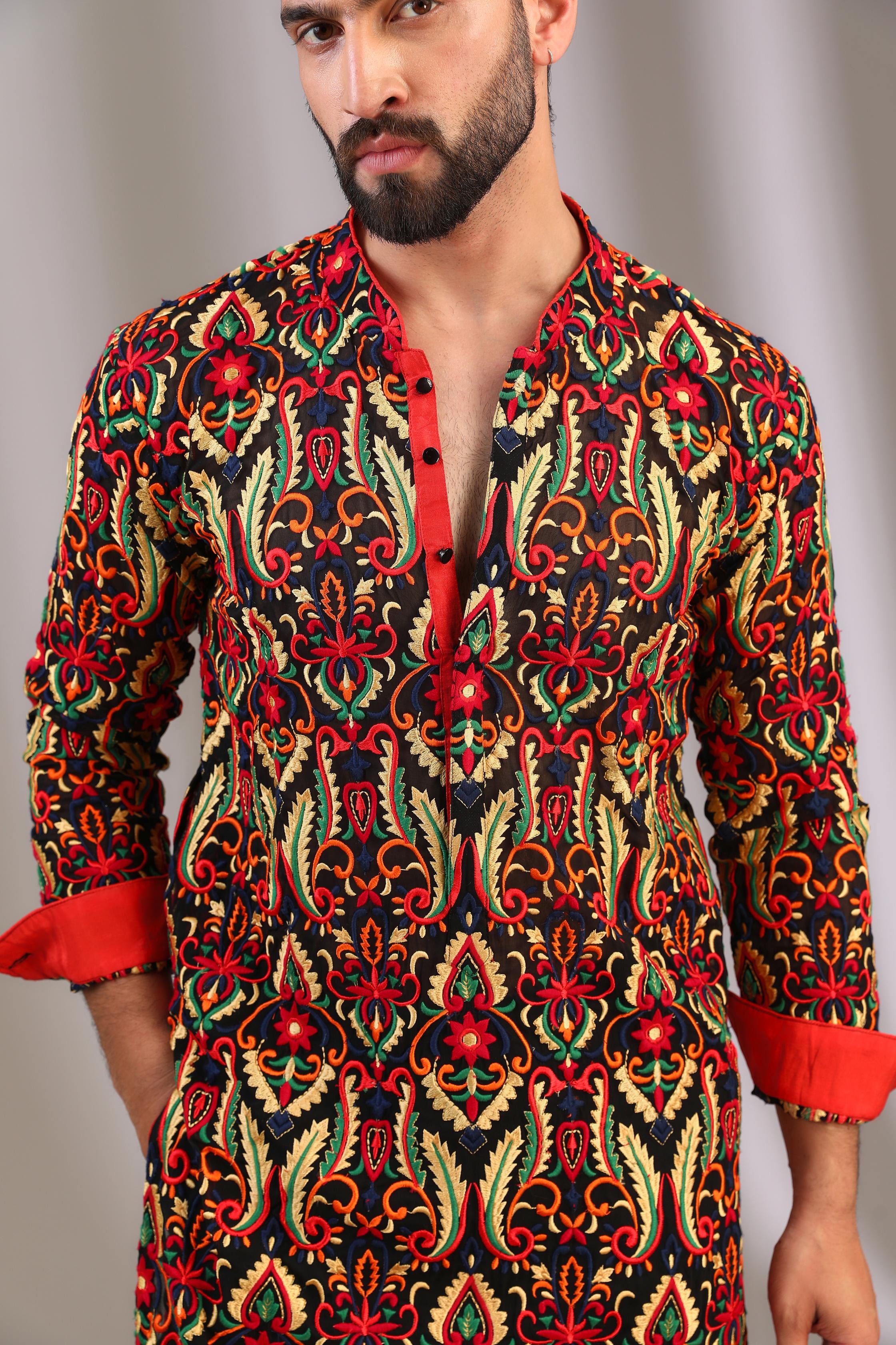 BLACK GORGETTE MULTI COLOR SILK THREAD UNLINED KURTA W COTTON SILK PANT