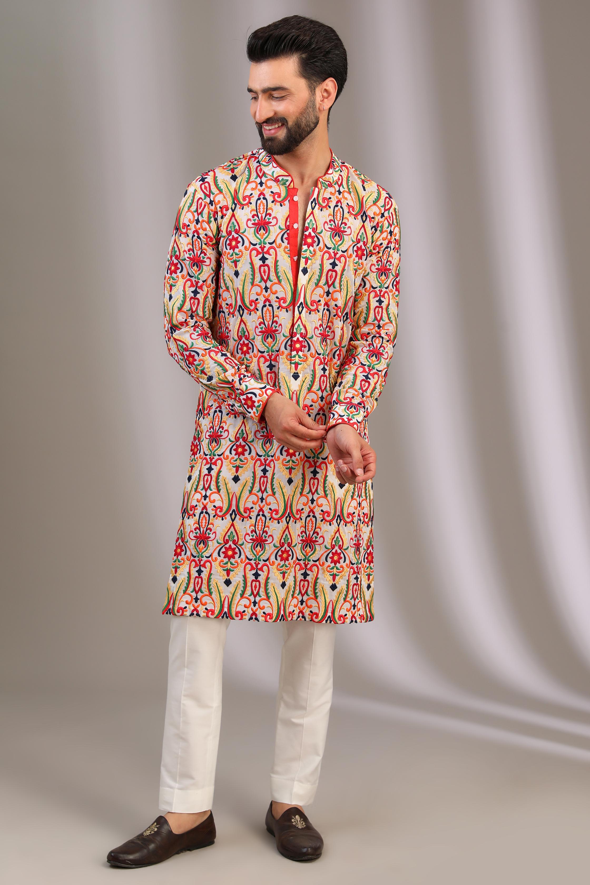 IVORY GORGETTE MULTI COLOR SILK THREAD JAAL UNLINED KURTA W COTTON SILK PANT