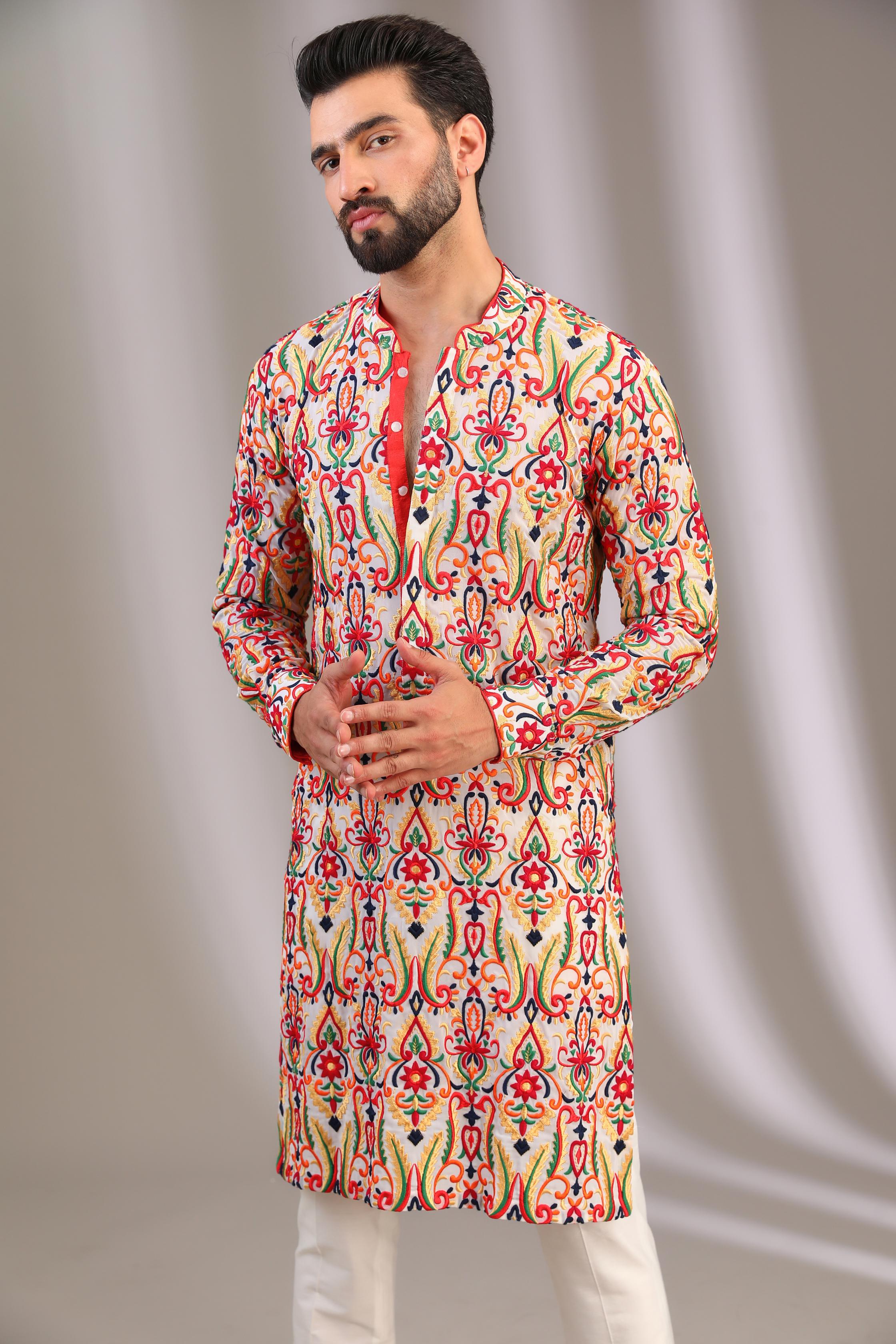IVORY GORGETTE MULTI COLOR SILK THREAD JAAL UNLINED KURTA W COTTON SILK PANT