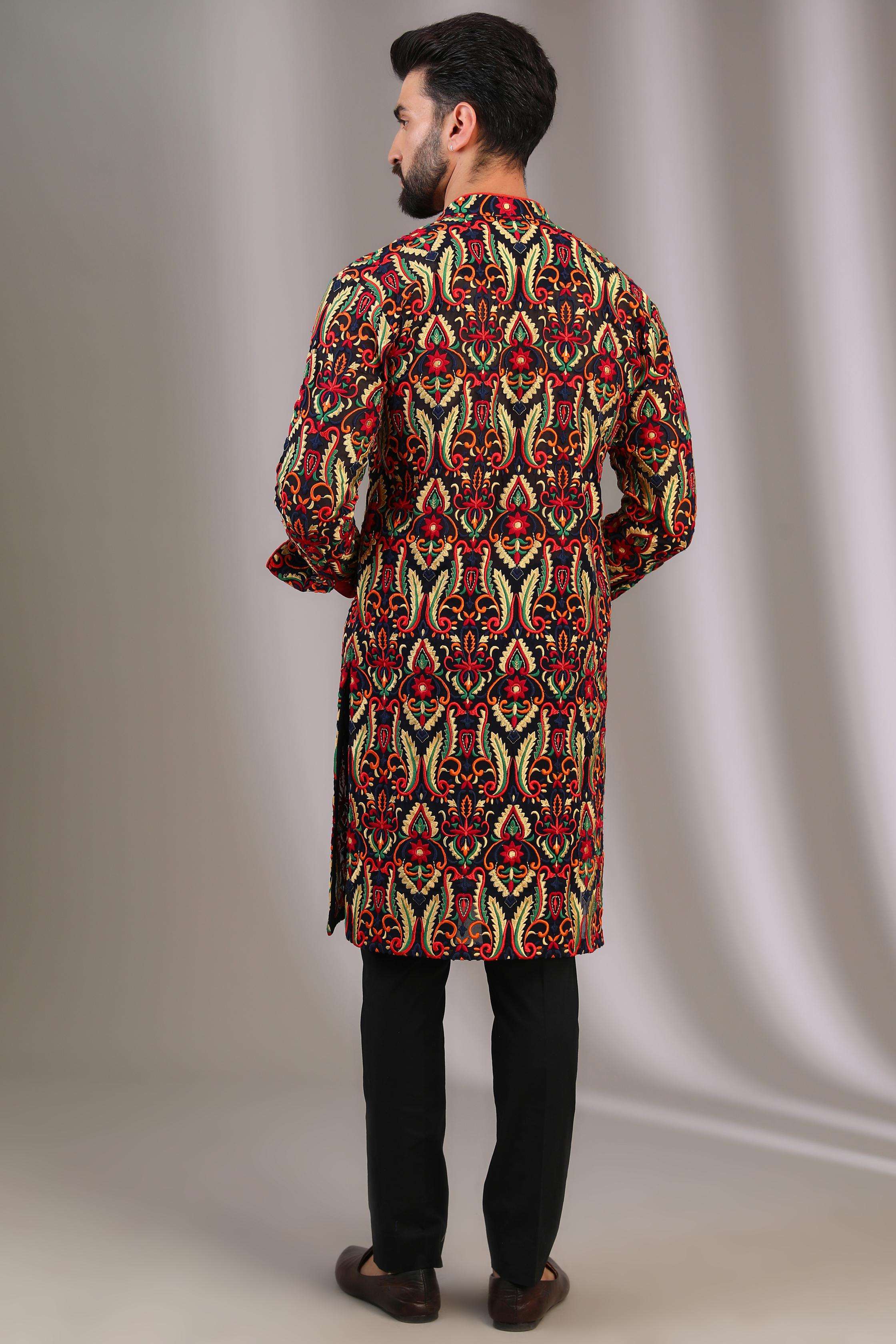 BLUE GORGETTE MULTI COLOR SILK THREAD JAAL UNLINED KURTA W COTTON SILK PANT