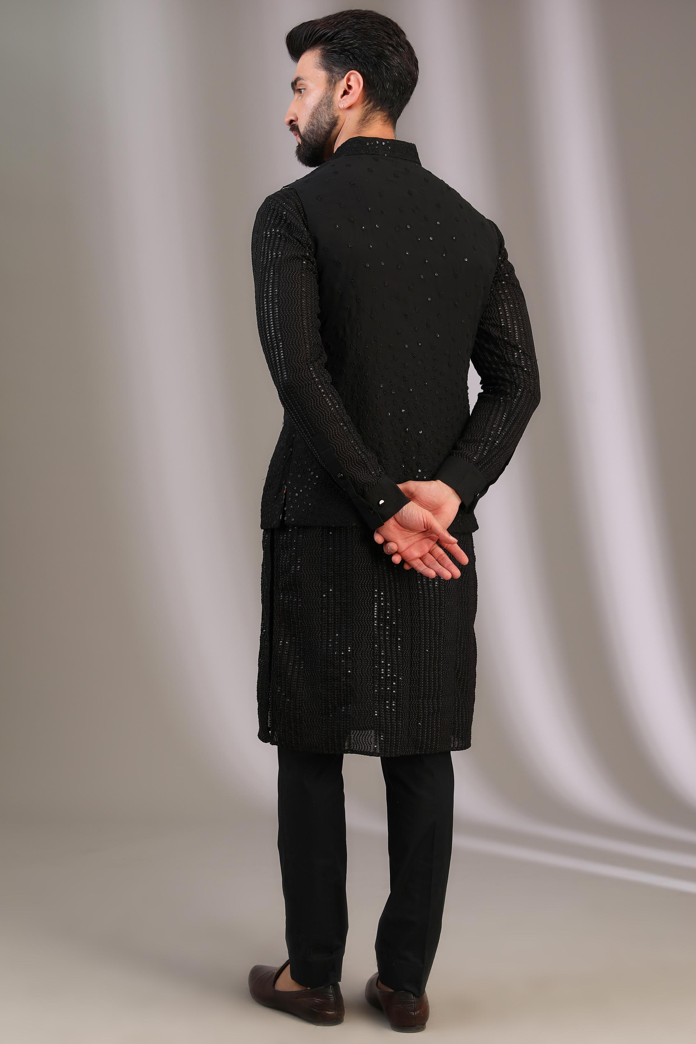 BLACK GORGTTE NARGIS BRUST AT BOTTOM BUNDI W BLACK G-60 UNLINED WAVES KURTA W PANT'