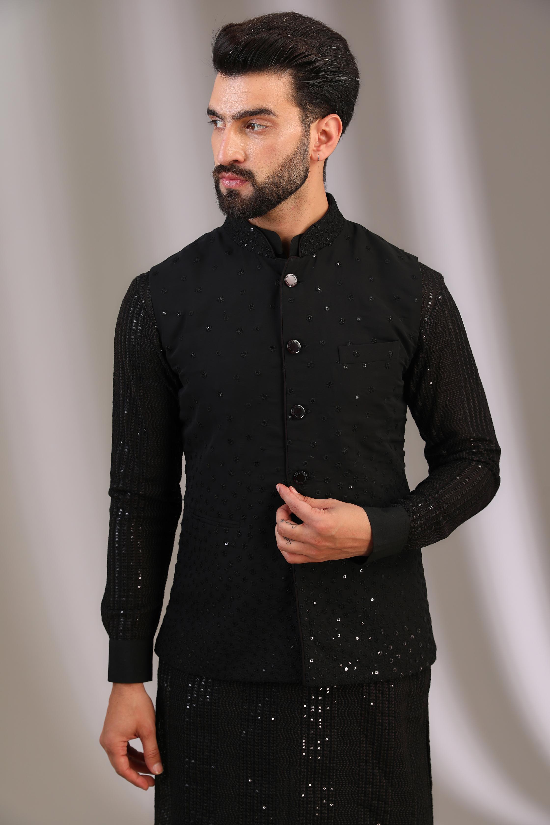 BLACK GORGTTE NARGIS BRUST AT BOTTOM BUNDI W BLACK G-60 UNLINED WAVES KURTA W PANT'