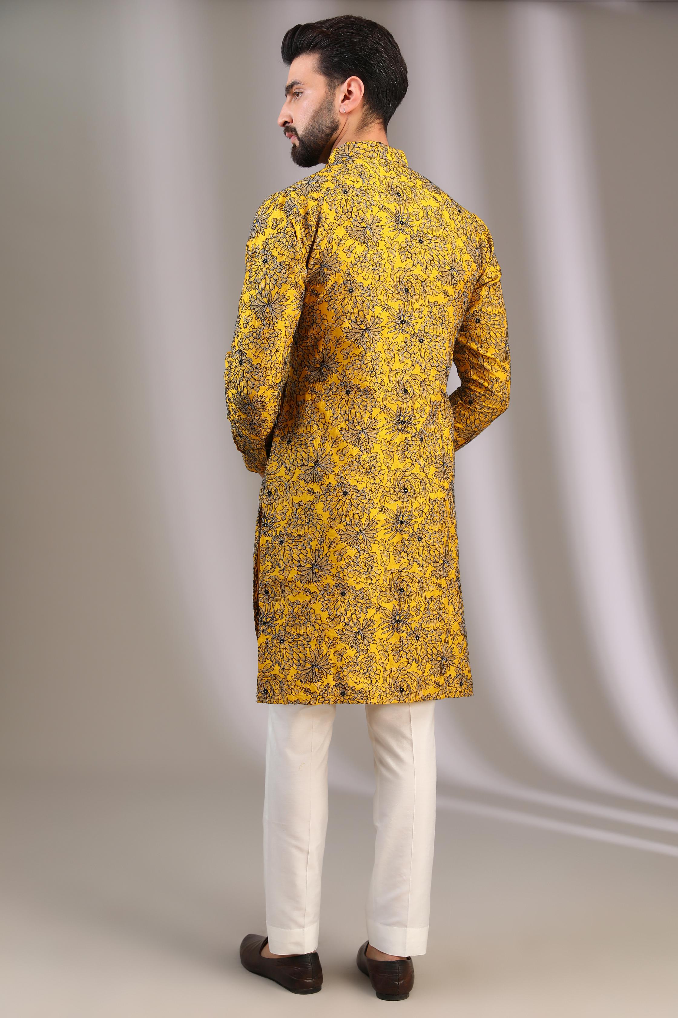 YELLOW SILK W TEAL GREY & BLACK THREAD FRORAL WORK UNLINED KURTA W OFFWHITE COTTON SILK PANT