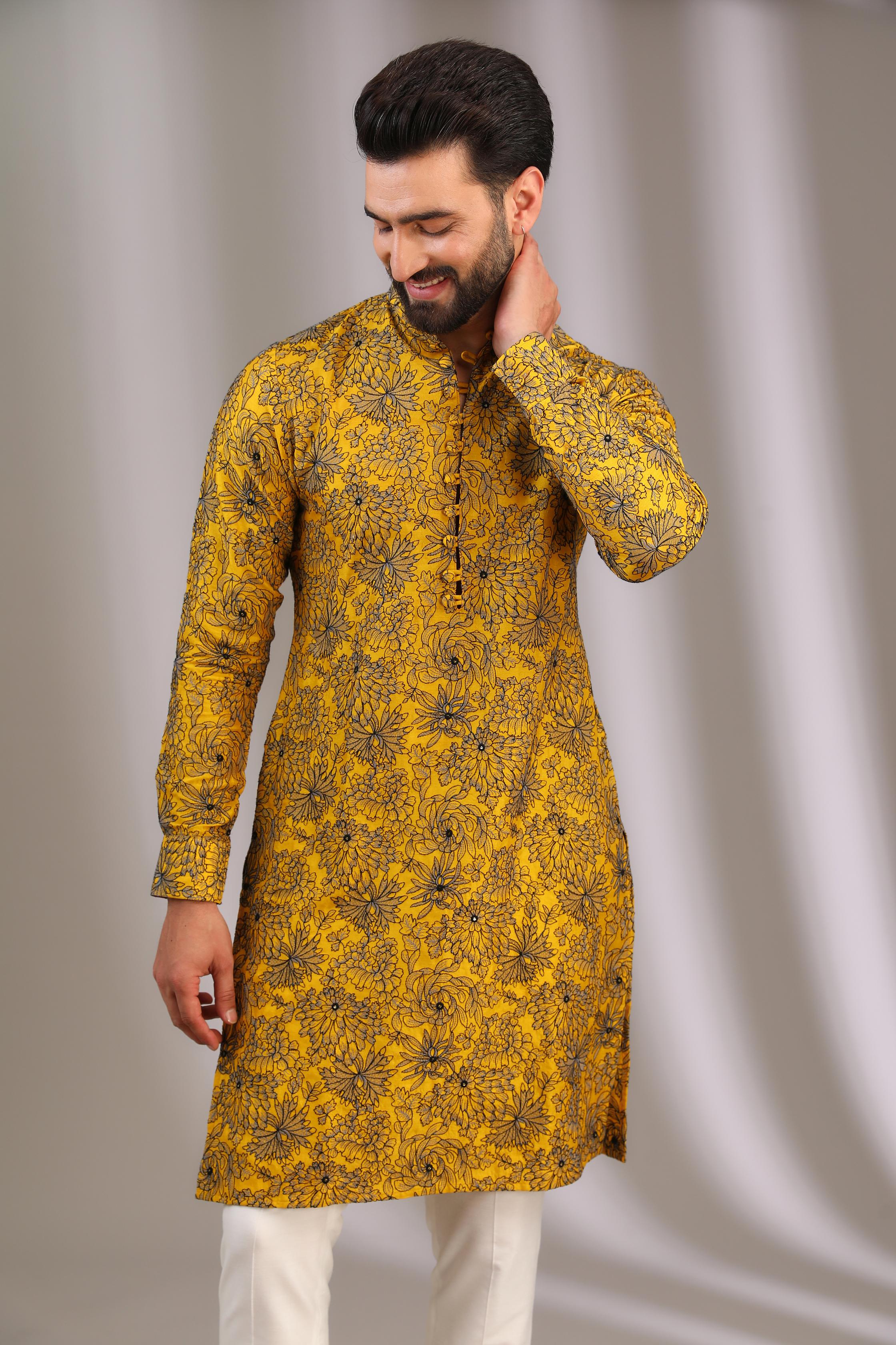 YELLOW SILK W TEAL GREY & BLACK THREAD FRORAL WORK UNLINED KURTA W OFFWHITE COTTON SILK PANT