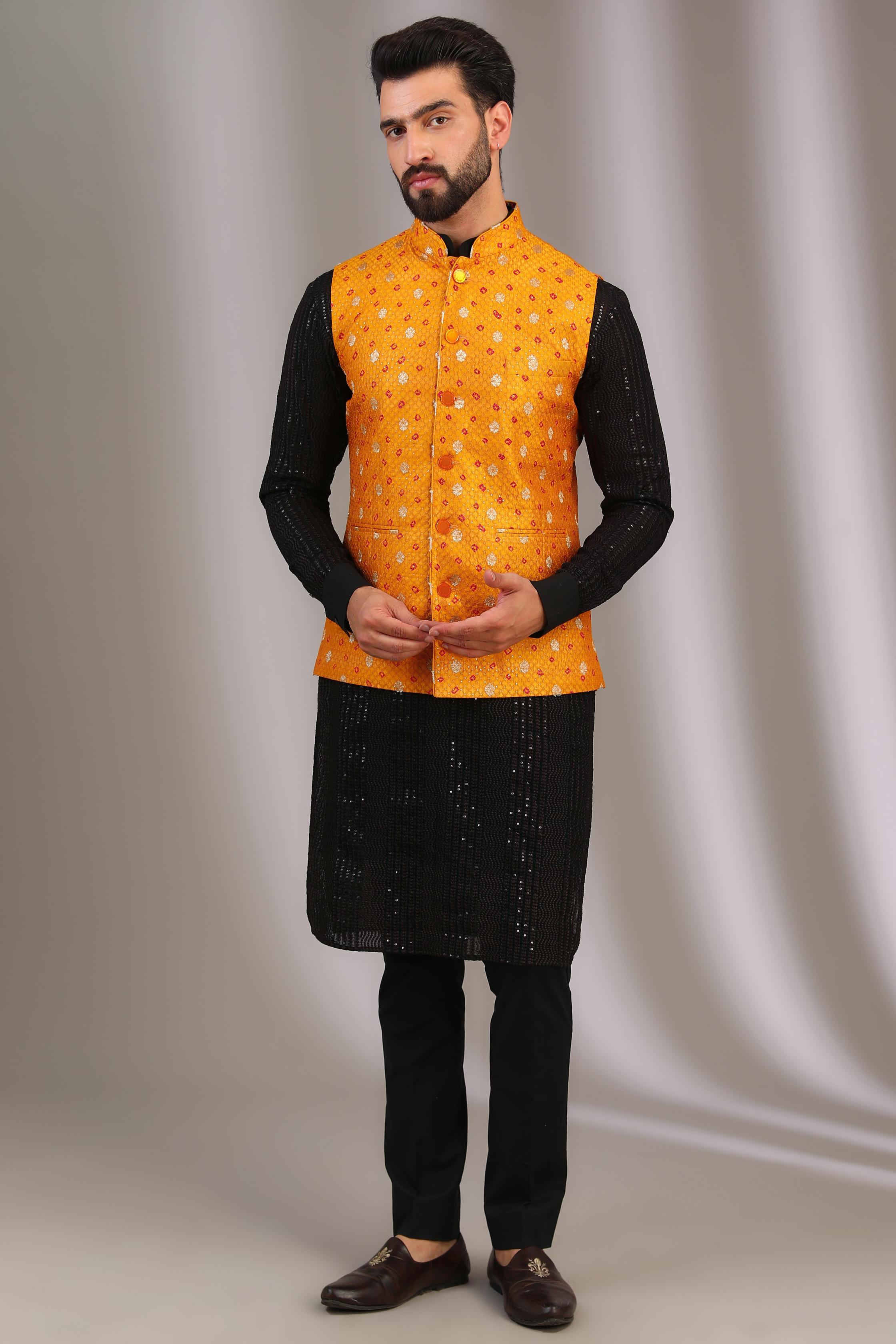 YELLOW SILK WITH SILVER/RED BOOTI + SEQ. WORK BUNDI w BLACK G-60 WAVES UNLINED KURTA + PANT