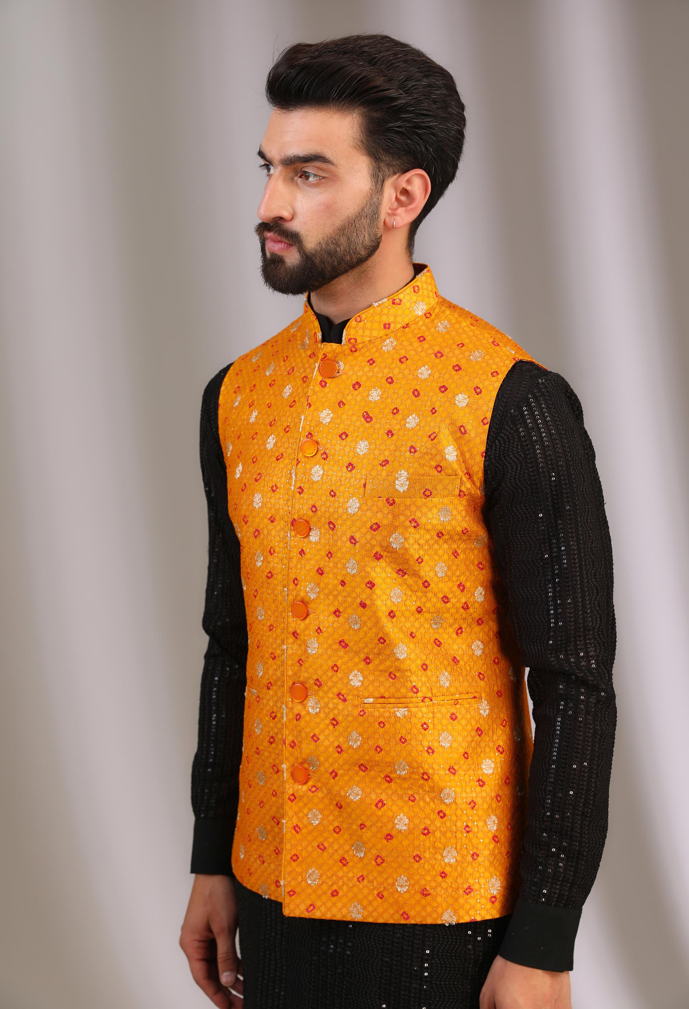 YELLOW SILK WITH SILVER/RED BOOTI + SEQ. WORK BUNDI