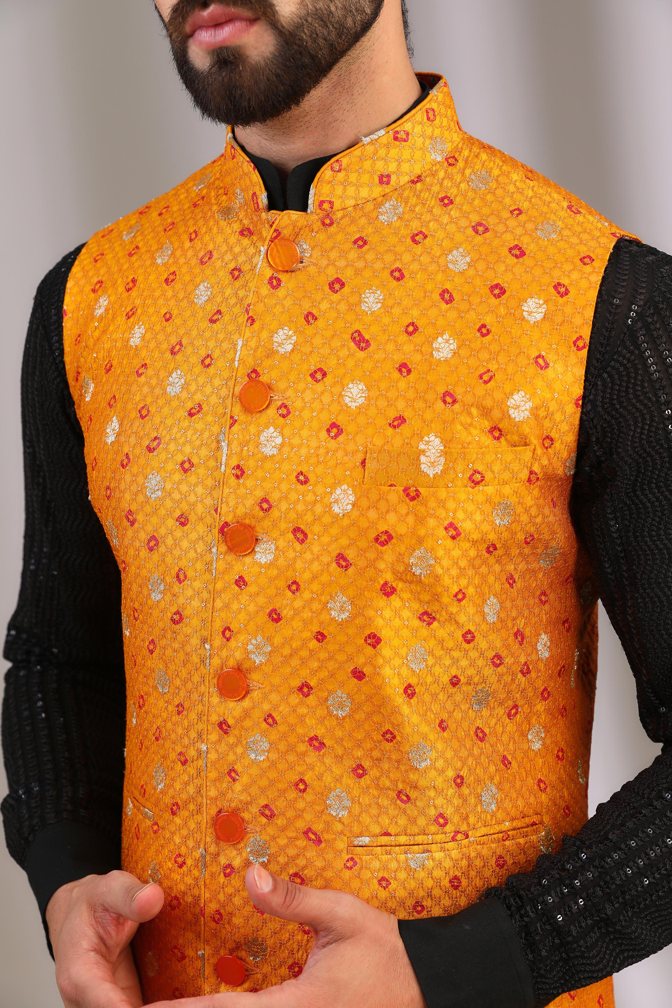 YELLOW SILK WITH SILVER/RED BOOTI + SEQ. WORK BUNDI