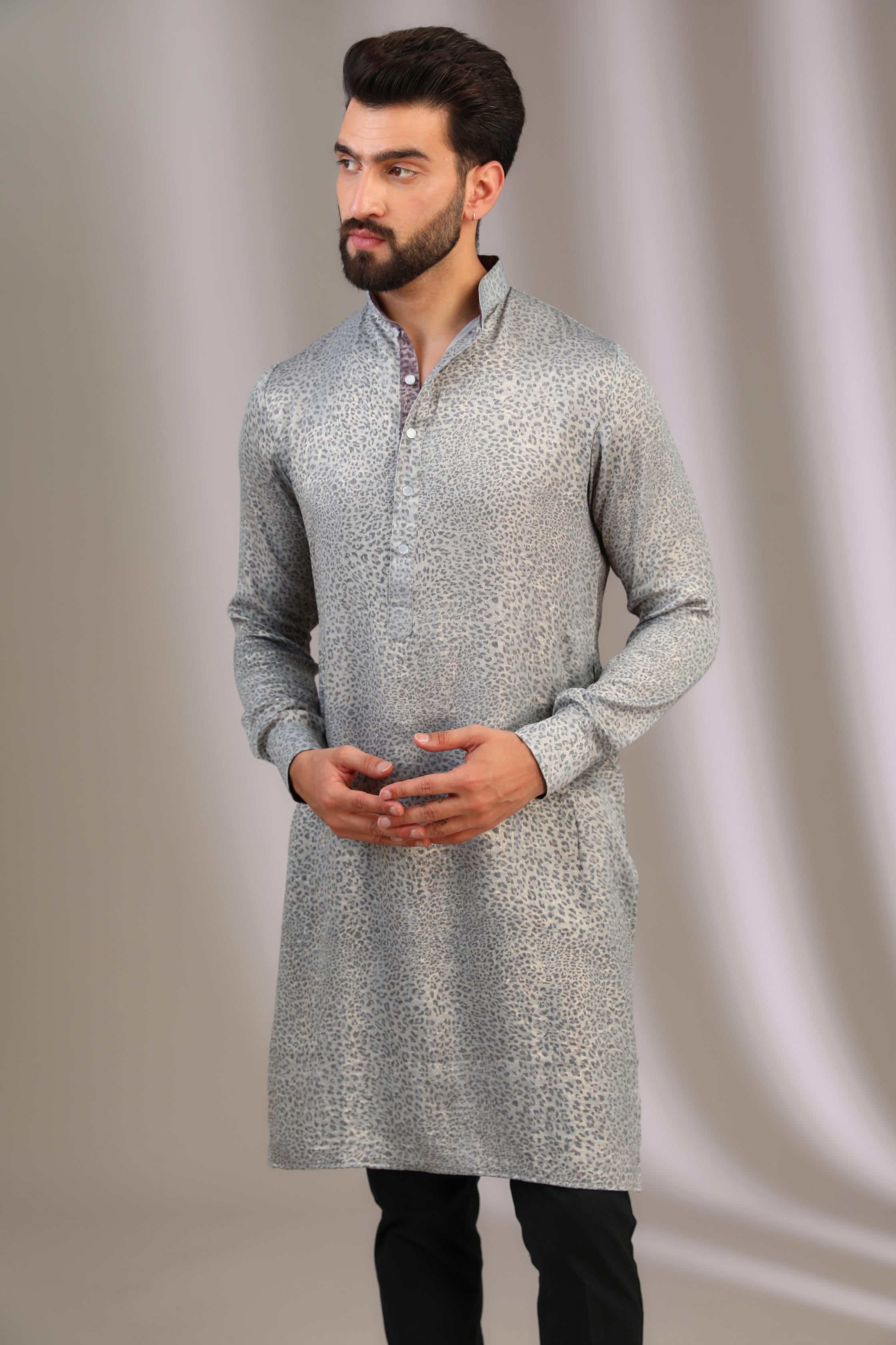 SILVER A.P PRINT SILK UNLINED KURTA W BLACK COTTON PANT