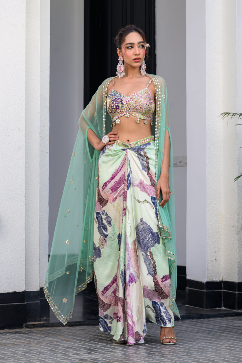Eden Highlight Bralette With Mirror Work Paidawn With Dhoti Skirt And Cape