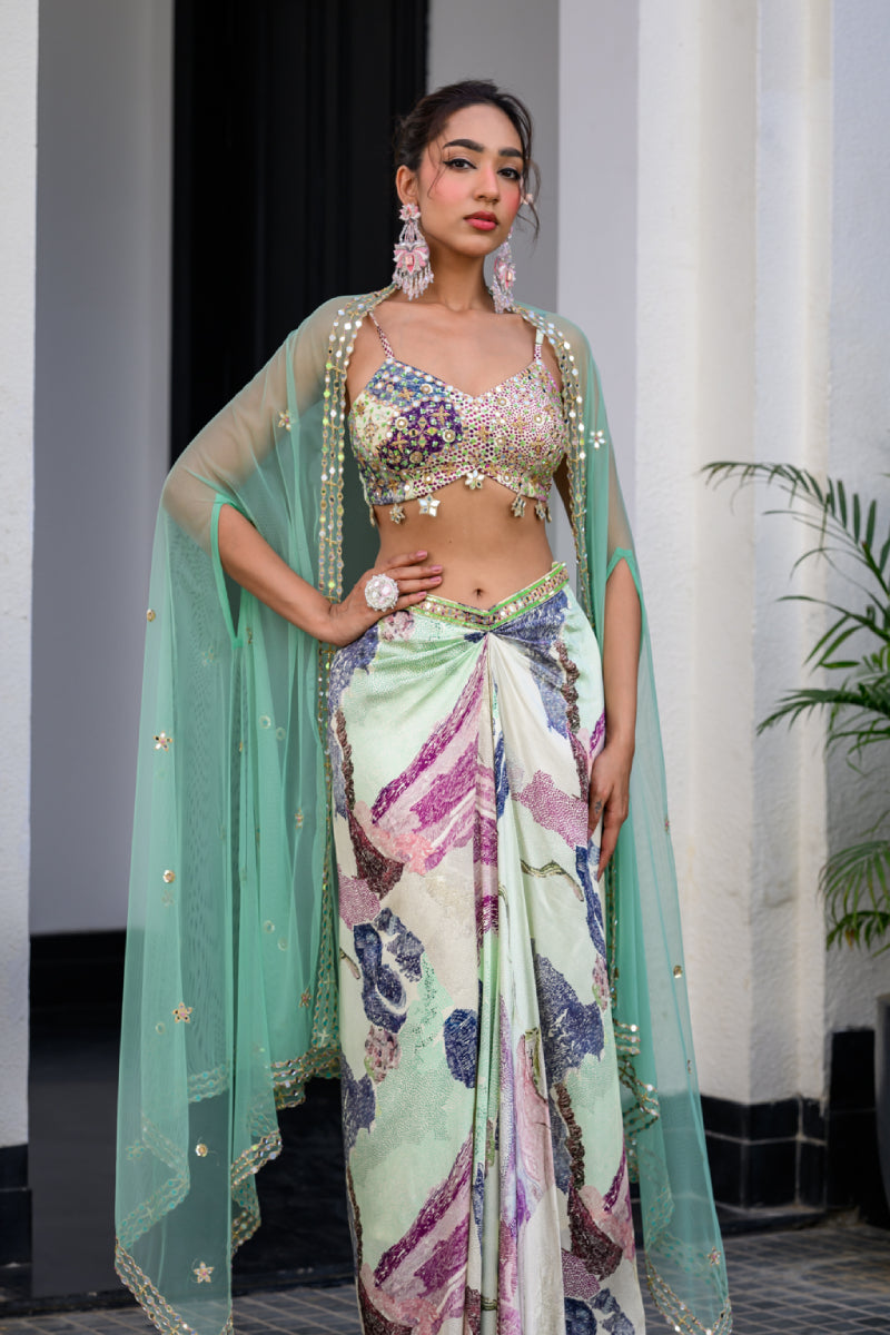 Eden Highlight Bralette With Mirror Work Paidawn With Dhoti Skirt And Cape