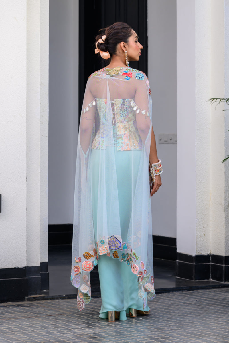 Gardenia Highlighted Corset With Dhoti Skirt And Cape