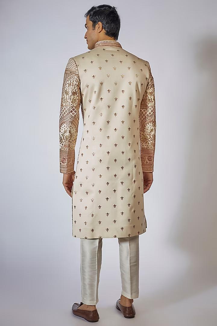 Cream Embroidered Sherwani Set