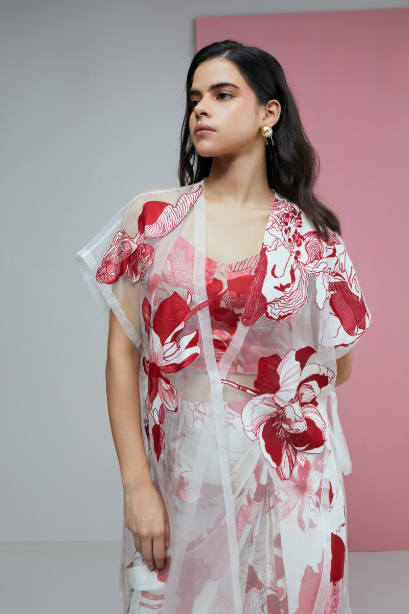 Red Bloom Cape With Bustierand Slit Skirt