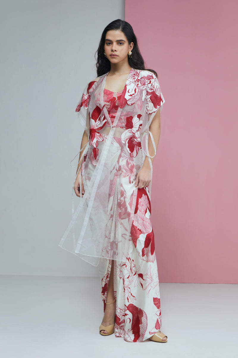 Red Bloom Cape With Bustierand Slit Skirt