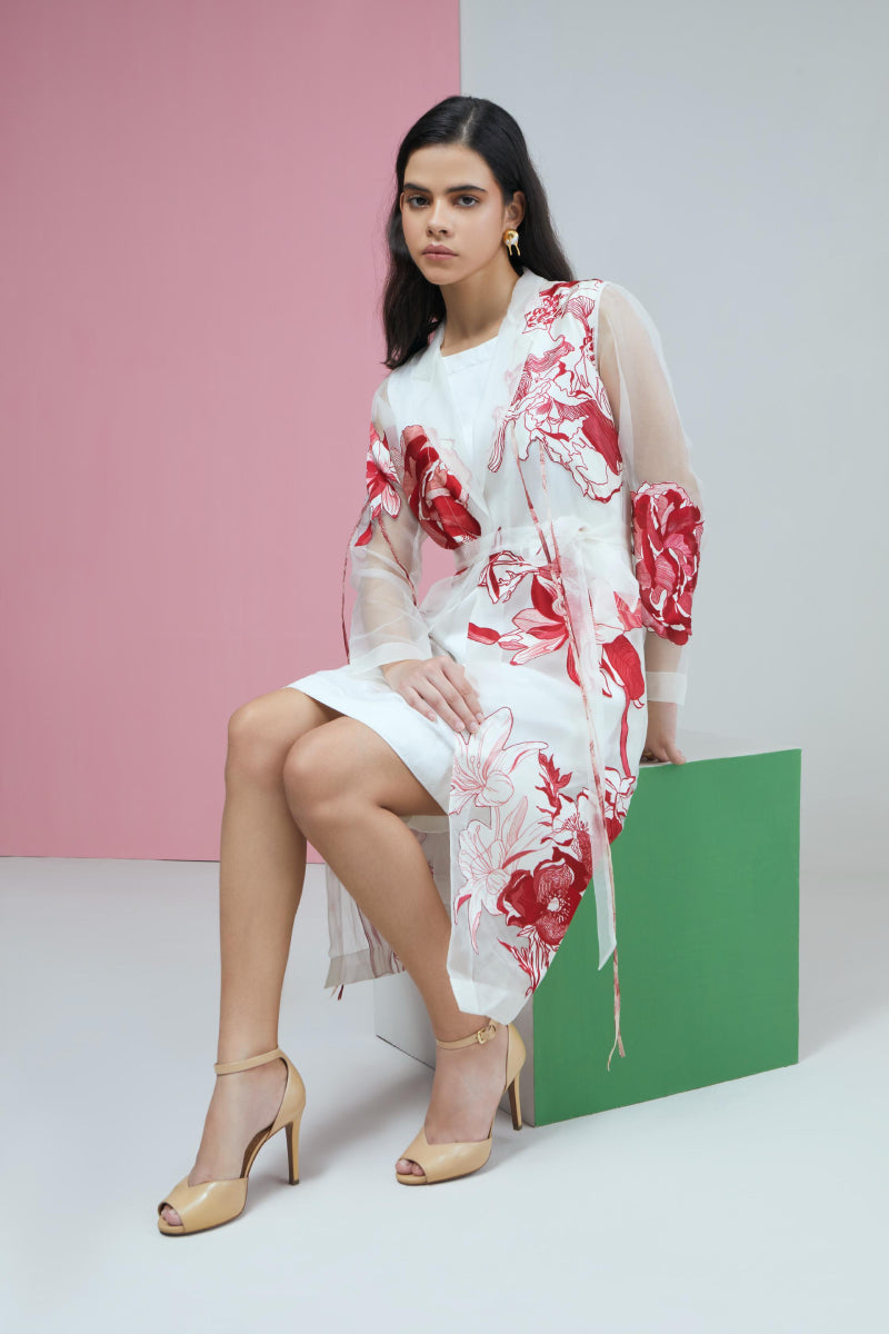 Red Bloom Applique Lapel Jacket With White Dress