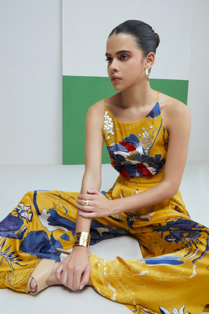 Yellow Bloom Print Halter Top With Pants And Cape Set