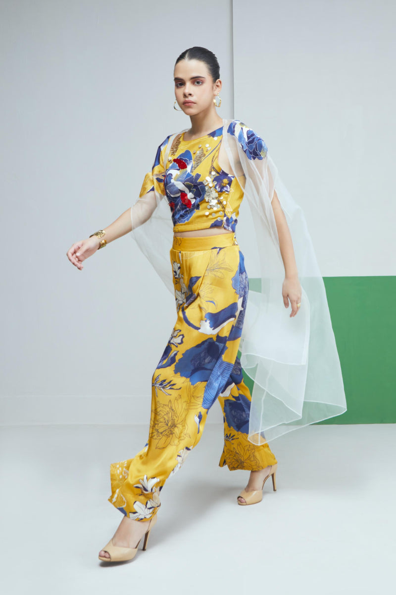 Yellow Bloom Print Halter Top With Pants And Cape Set