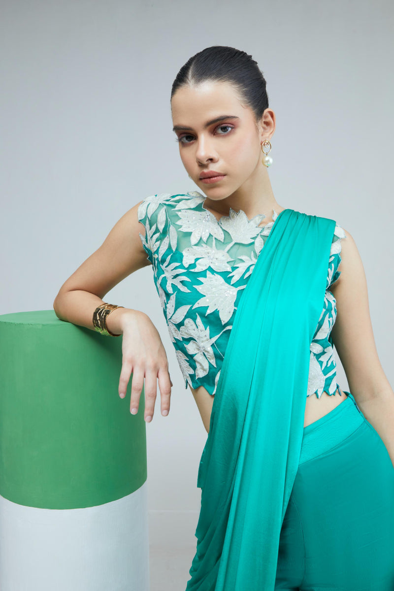 Green Floral Embroidered Top With Drape Saree Set