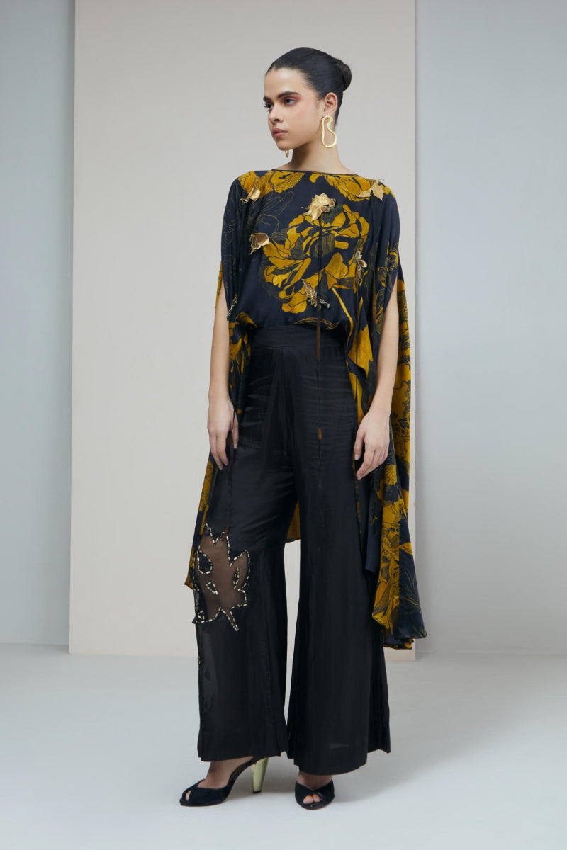 Black Gold Bloom Printed Cape Withs Pants