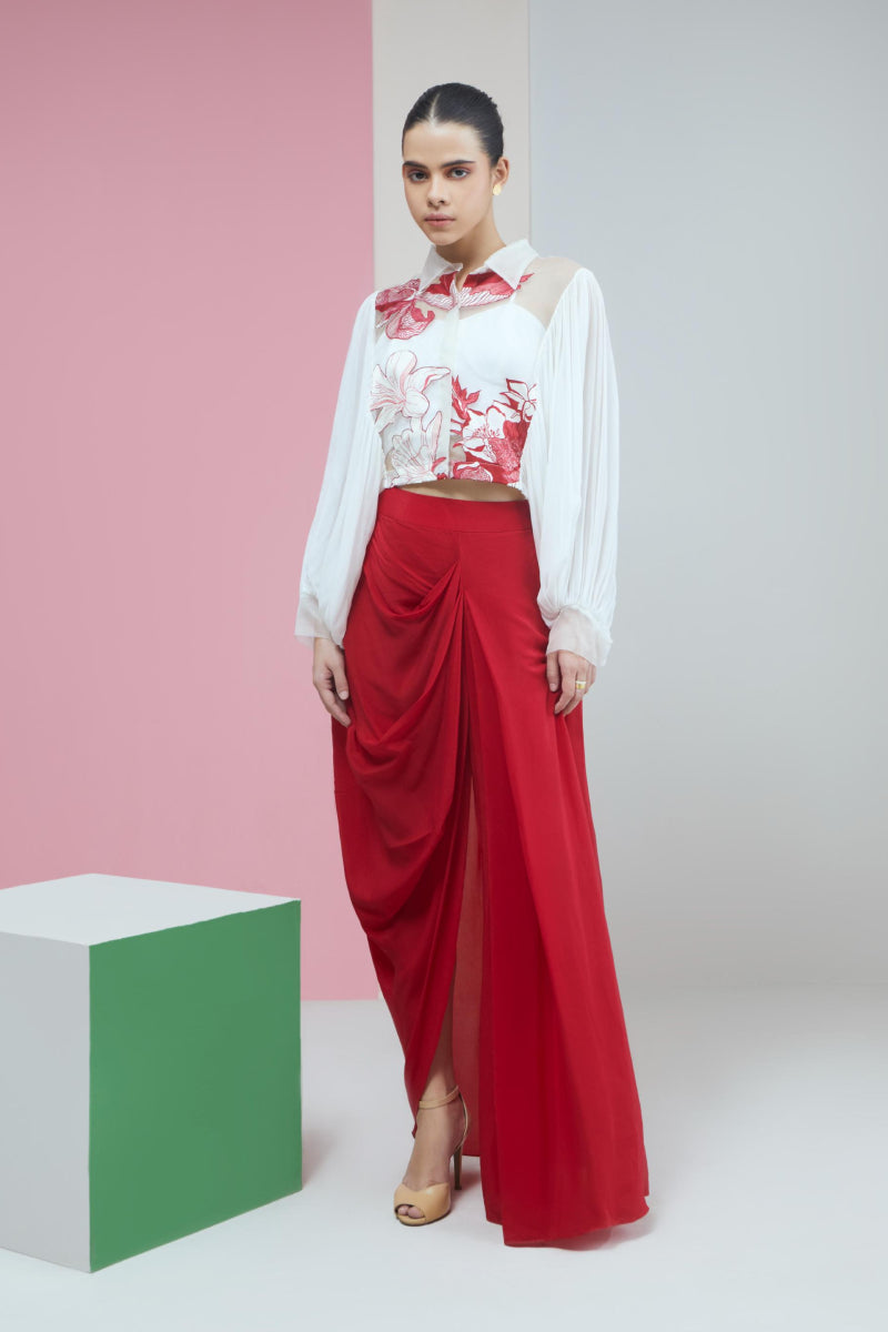 Applique Organza Crop Shirt With Red Slit Skirt