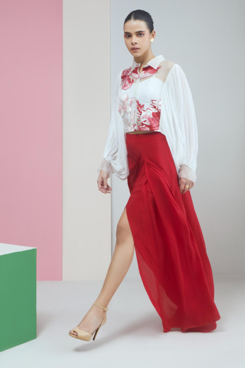 Applique Organza Crop Shirt With Red Slit Skirt