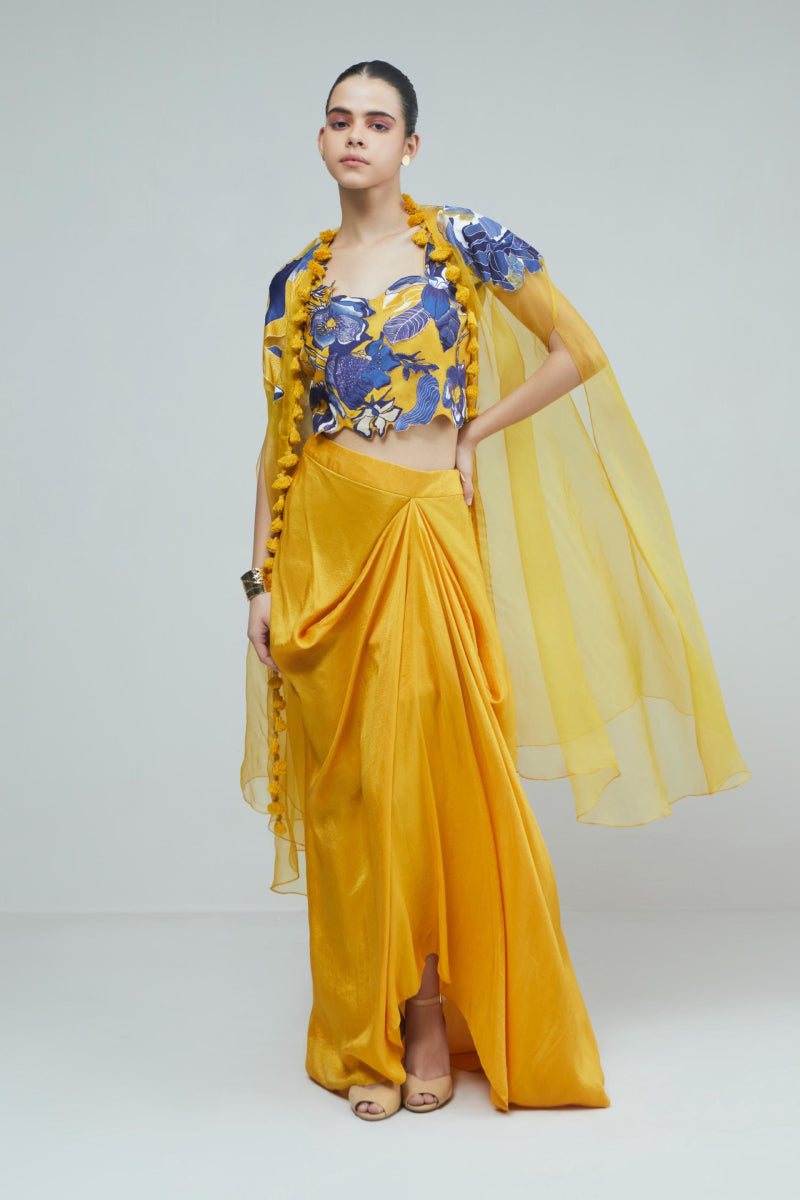 Yellow Organza Applique Crop Top With Skirt And Organza Cape Set