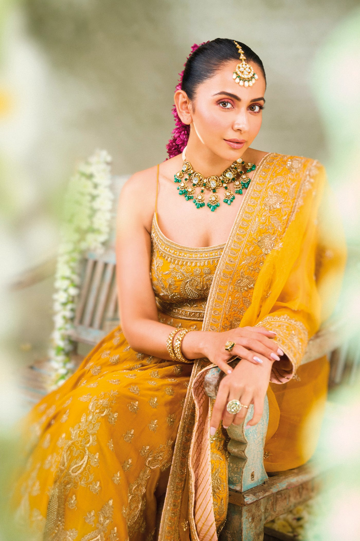 Rakul Preet In Afraa - Mustard Anarkali Set with Palazzo & Dupatta