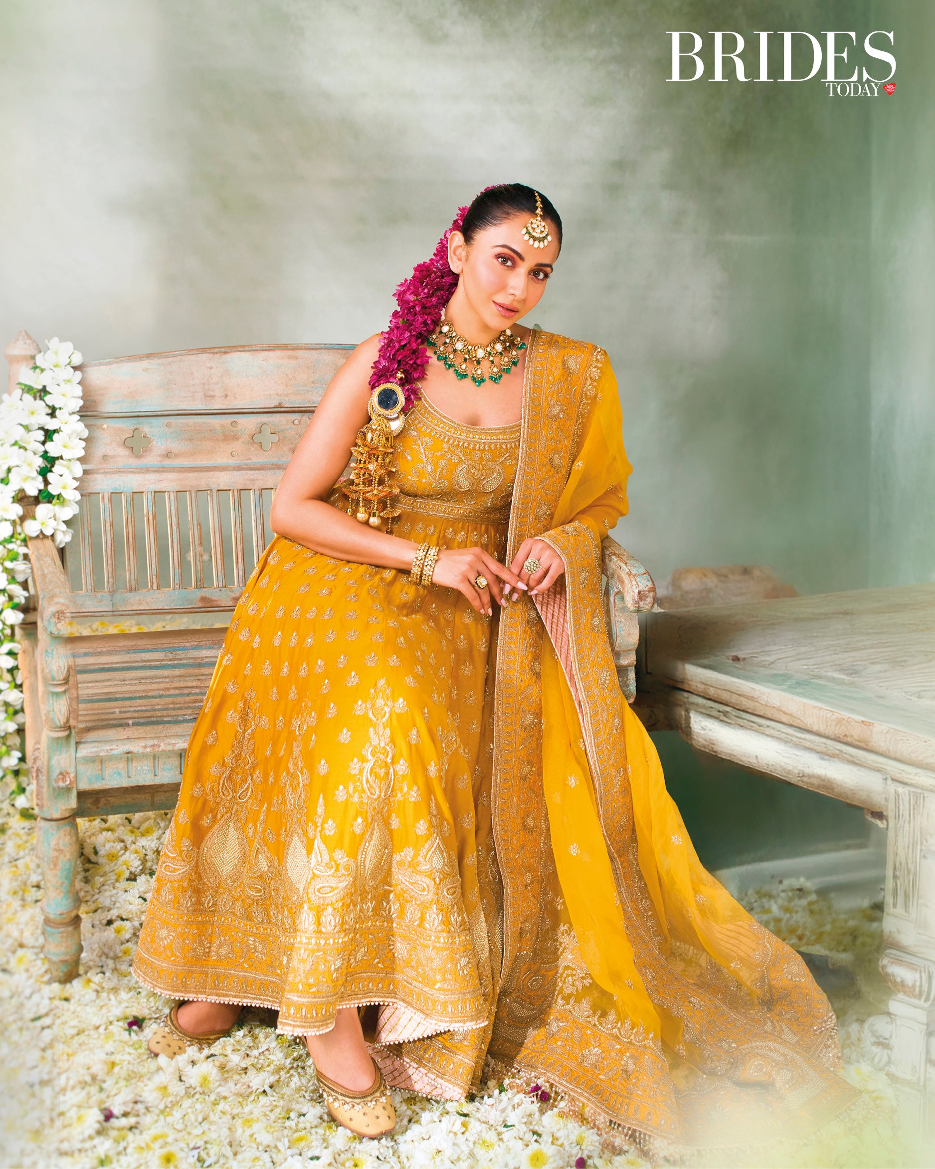 Rakul Preet In Afraa - Mustard Anarkali Set with Palazzo & Dupatta