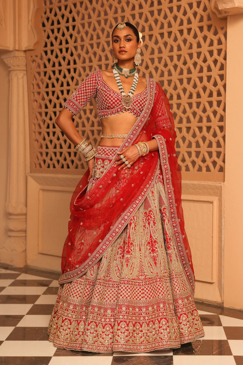 Naazreen - Red Lehenga with Blouse and Dupatta