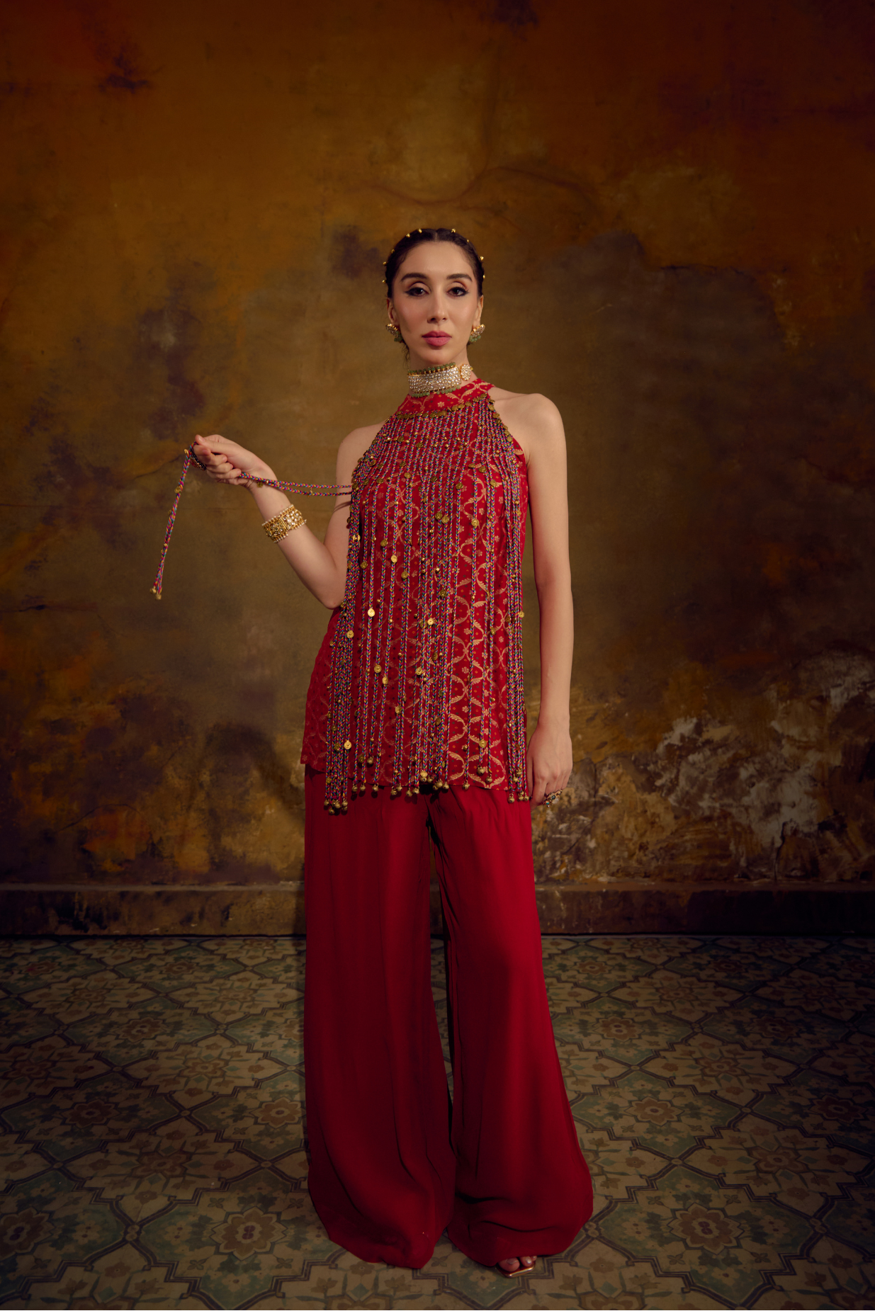 Naad Jwala - Red Palazzo Set with Tassle Detailing