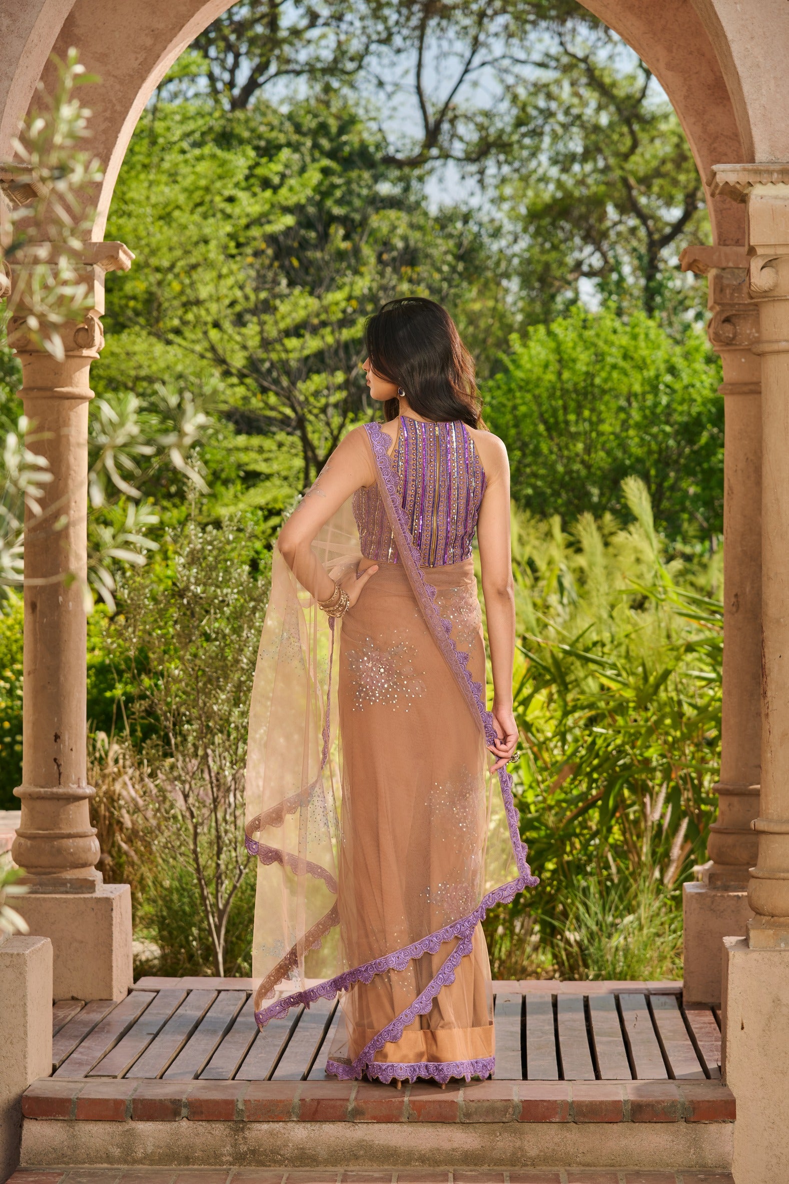 Hand Embroidered Blouse with Printed Embelished Saree and Petticoat