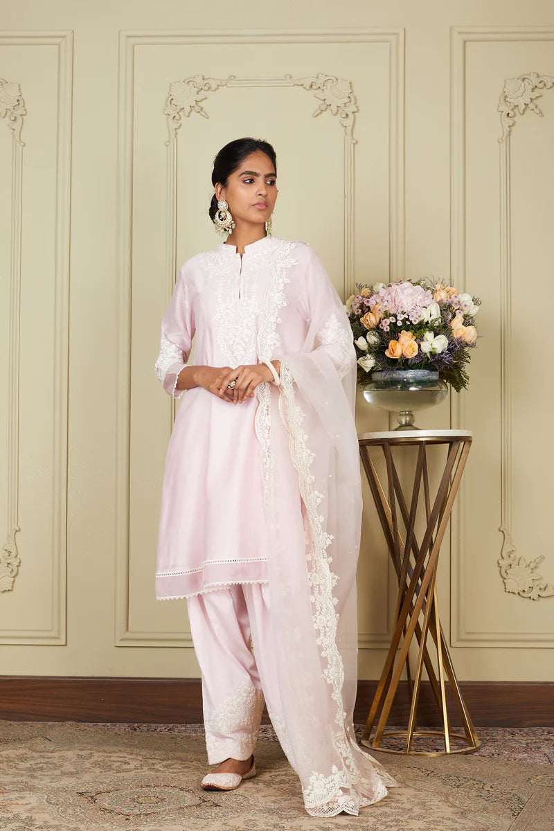 Ruzena Pearl Blush A Line Short Kurta With Salwar And Dupatta