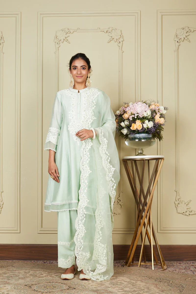 Ryhana Frosty Green A Line Short Kurta With Salwar And Dupatta