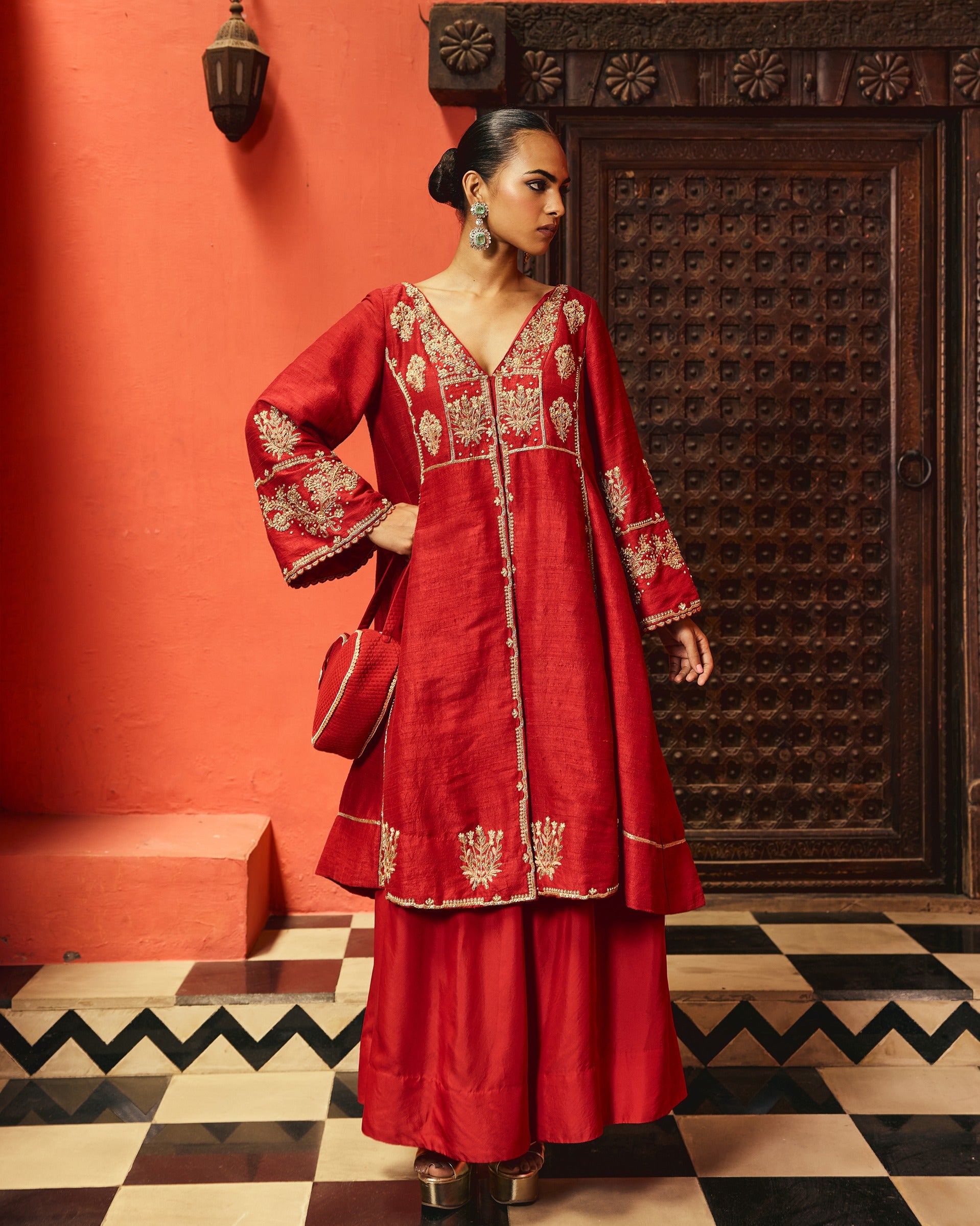 The Eternal Ruby Red Flowy Kurta & Sharara Set