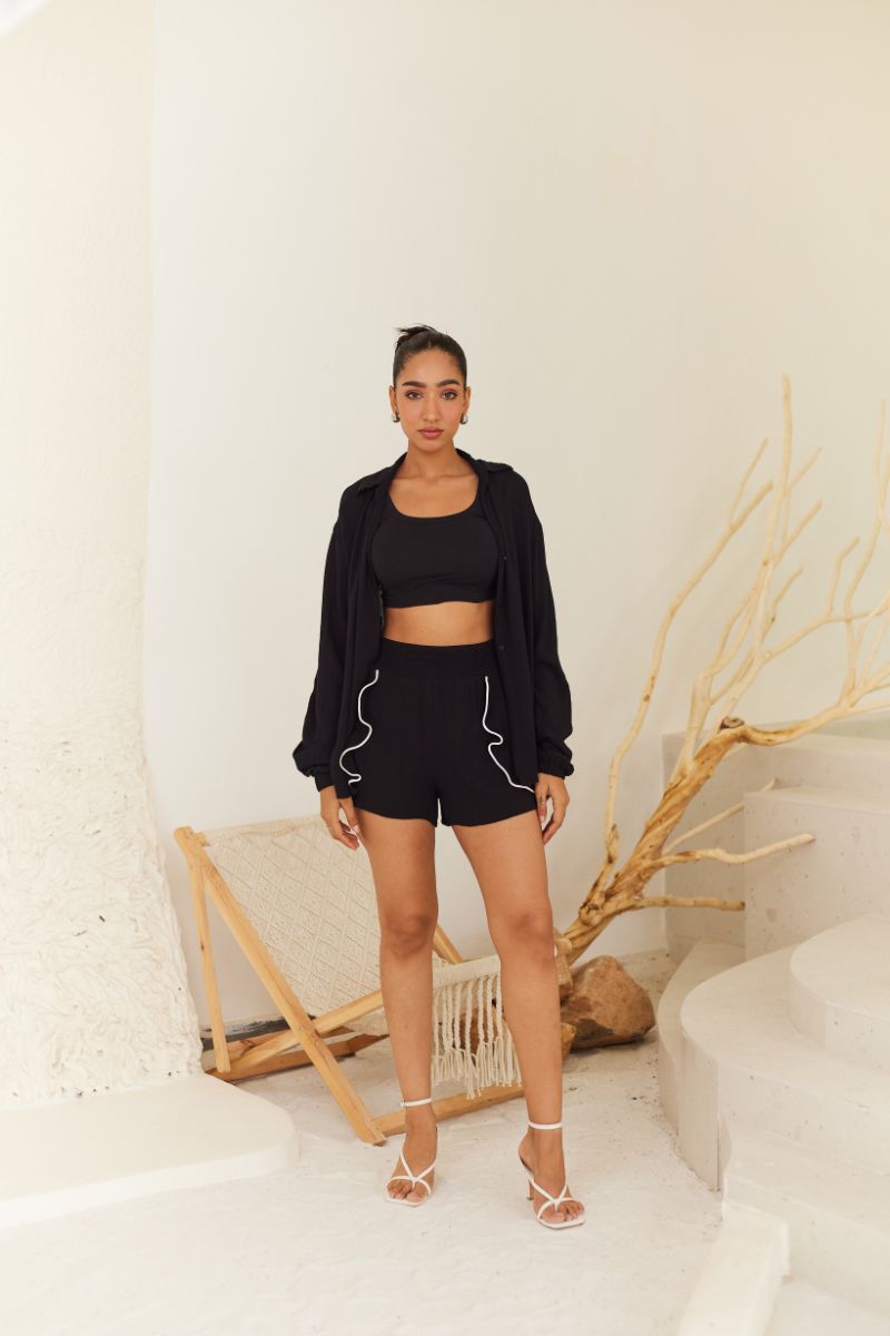 Black Rayon Crepe Set with Knit Top